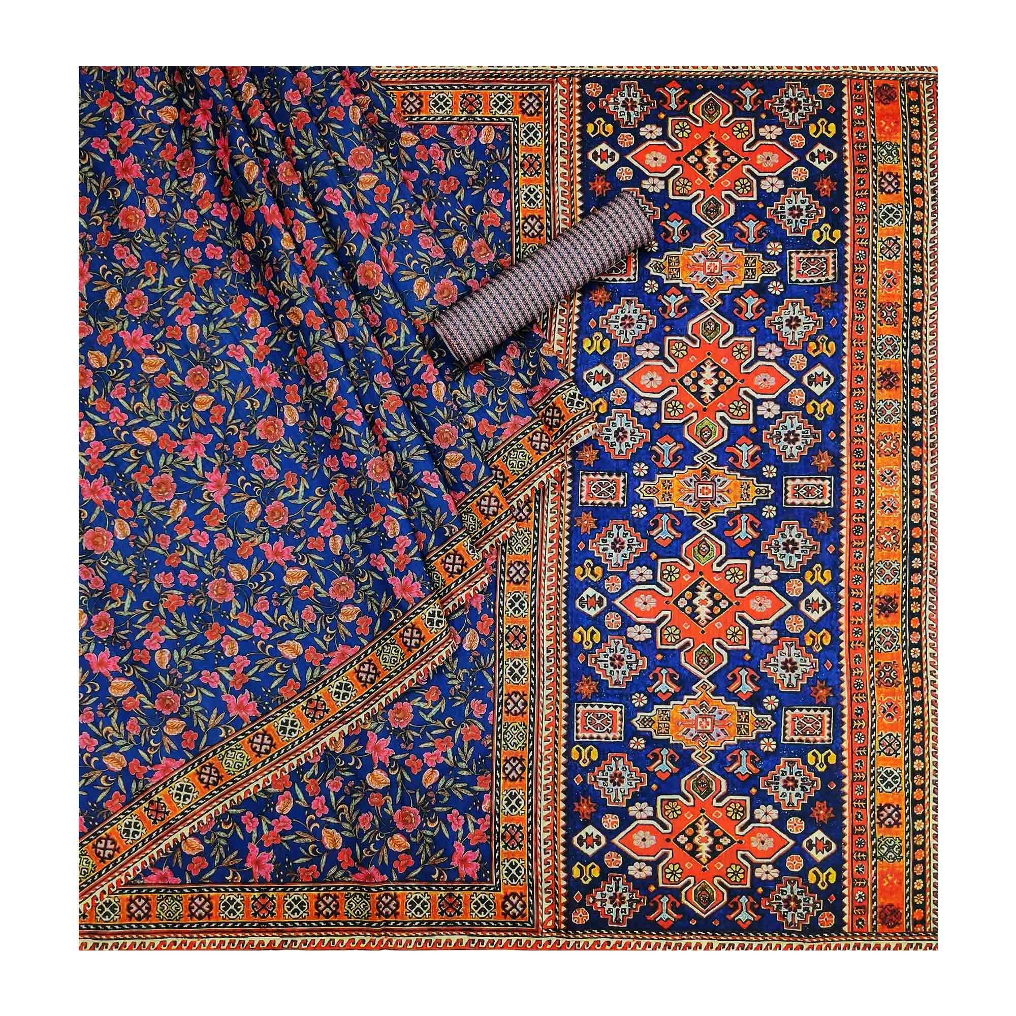 Blue Floral Printed Pure Cotton Saree - Peachmode