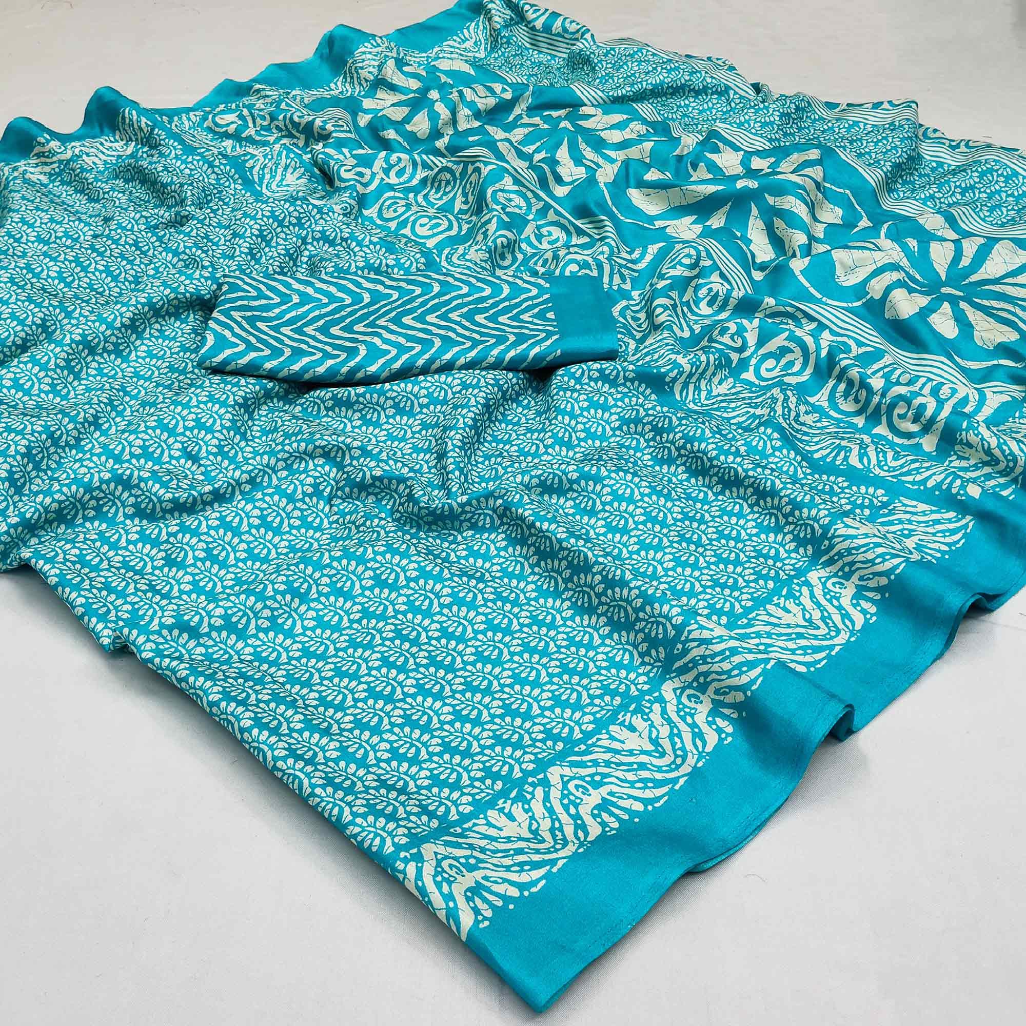 Blue Floral Printed Raw Silk Saree - Peachmode