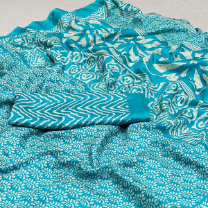 Blue Floral Printed Raw Silk Saree - Peachmode