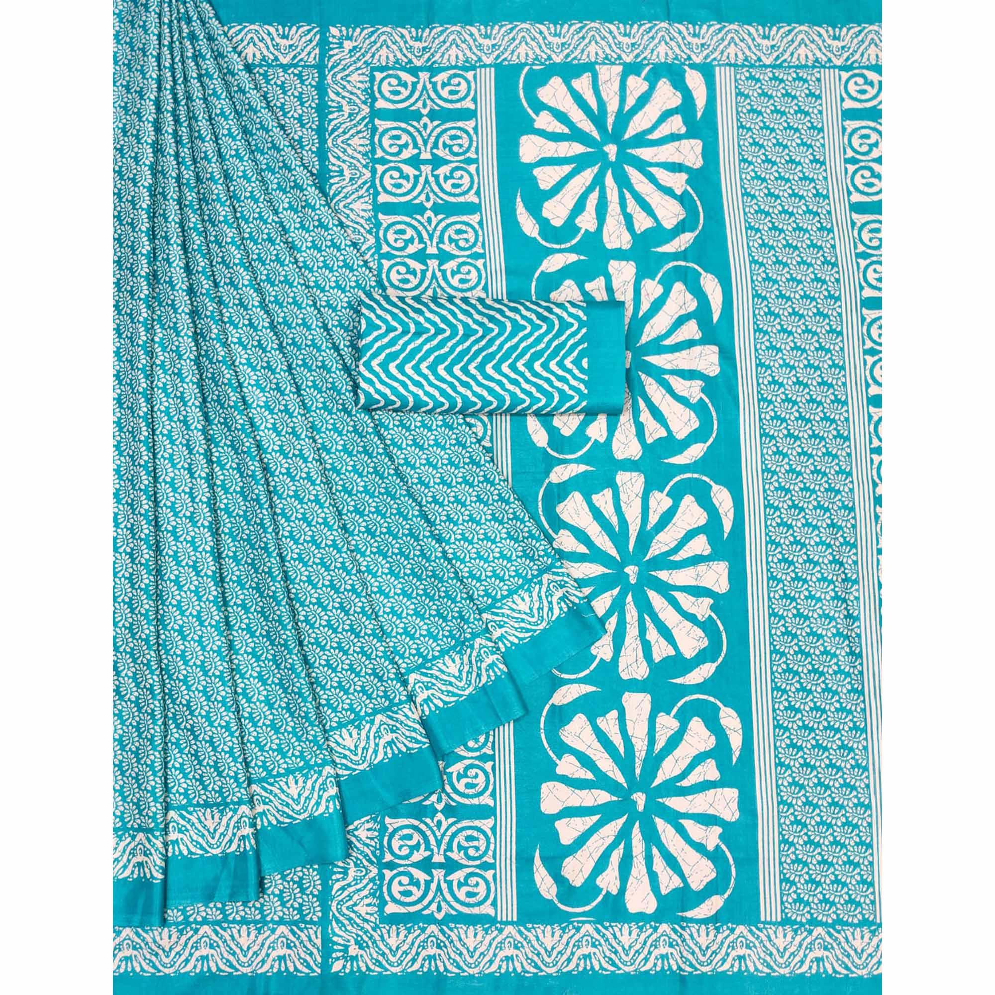 Blue Floral Printed Raw Silk Saree - Peachmode