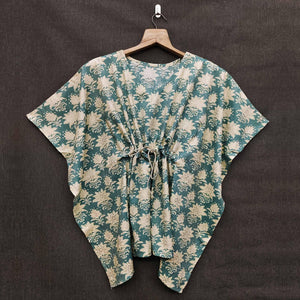 Blue Floral Printed Rayon Kaftan Top - Peachmode