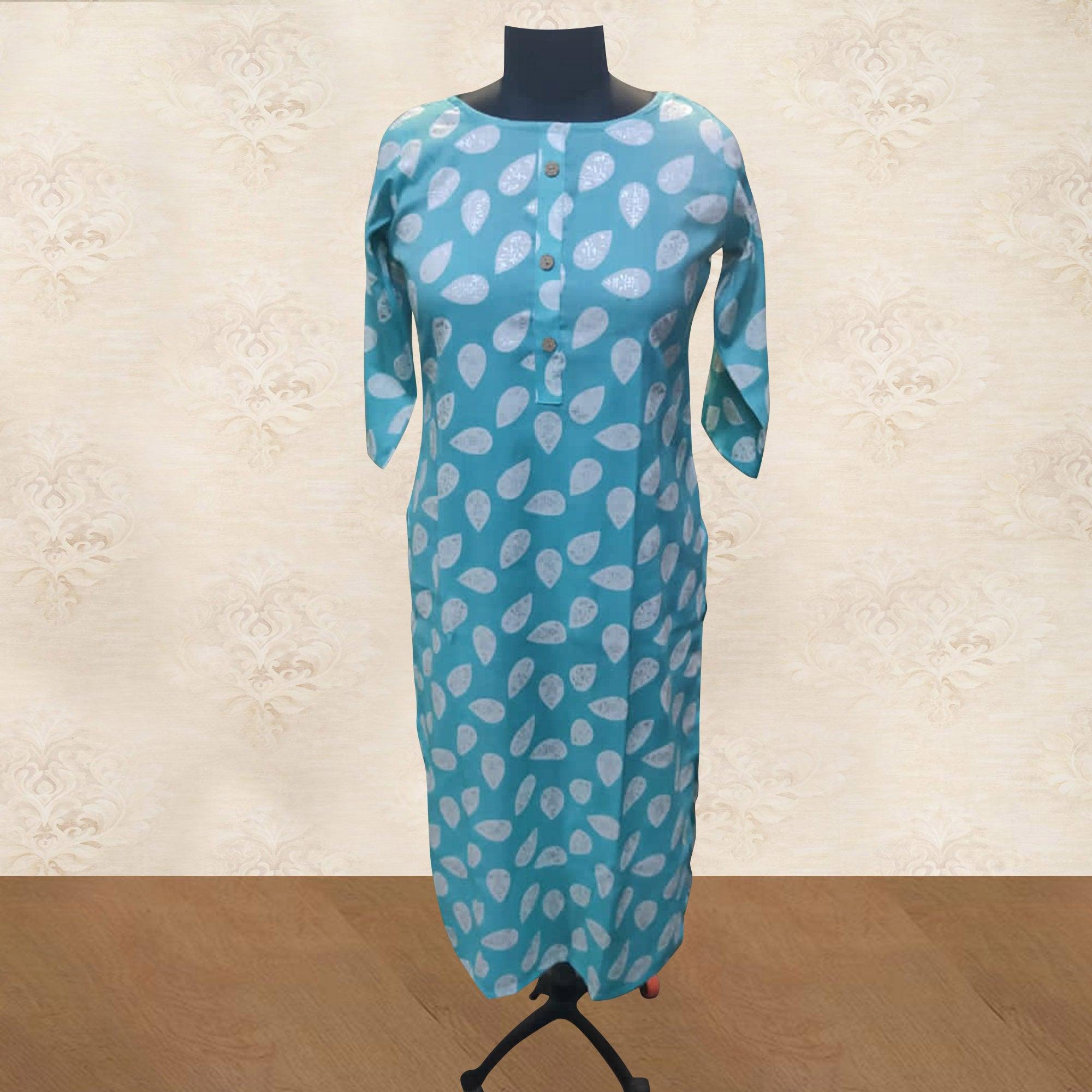 Blue Floral Printed Rayon Kurti - Peachmode