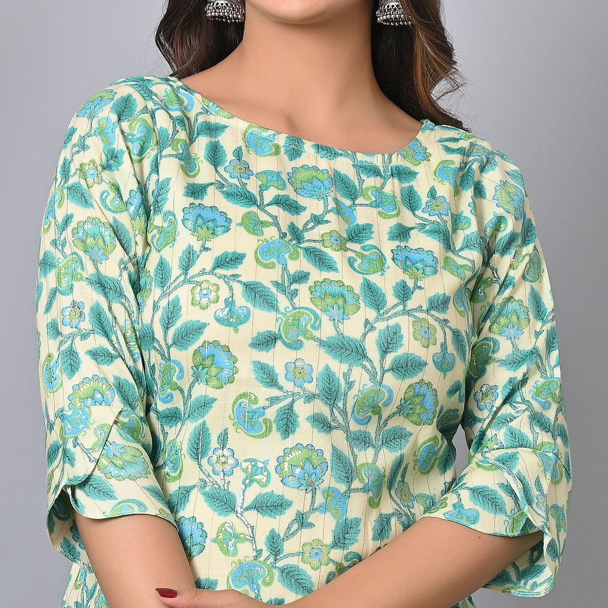 Blue Floral Printed Rayon Top - Peachmode