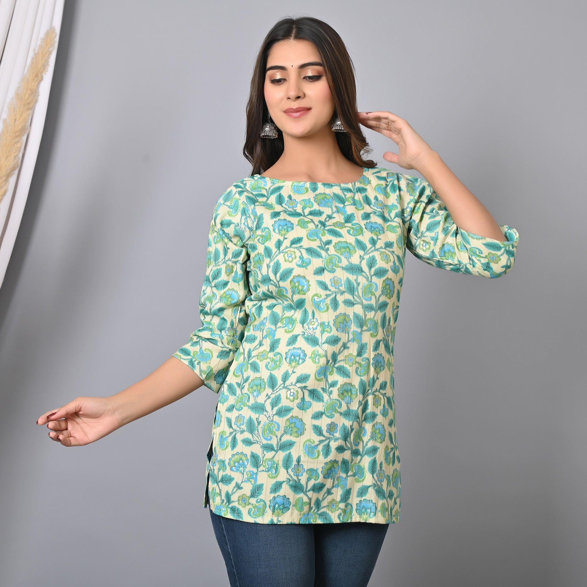 Blue Floral Printed Rayon Top - Peachmode
