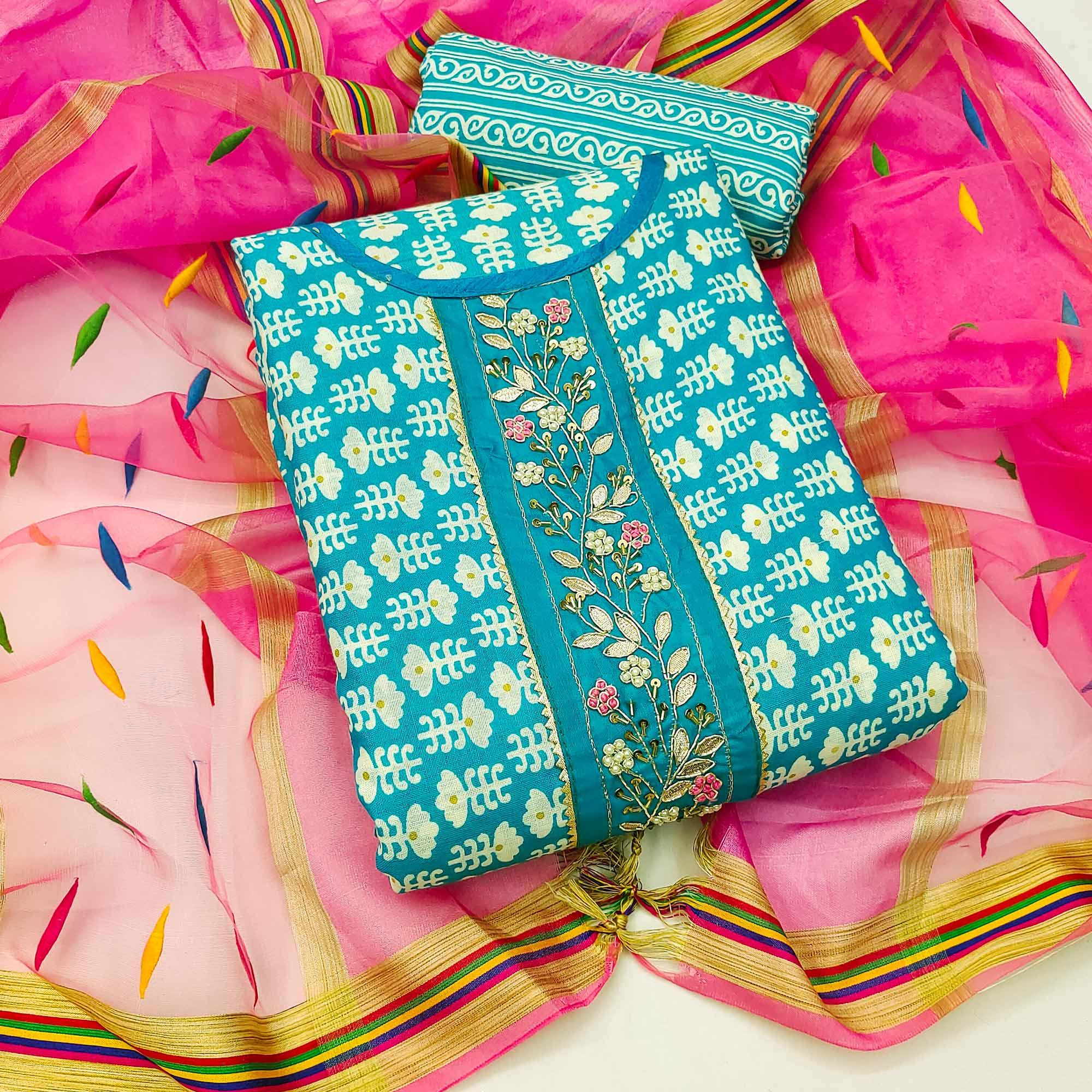 Blue Floral Printed With Embellished Poly Cotton Dress Material - Peachmode