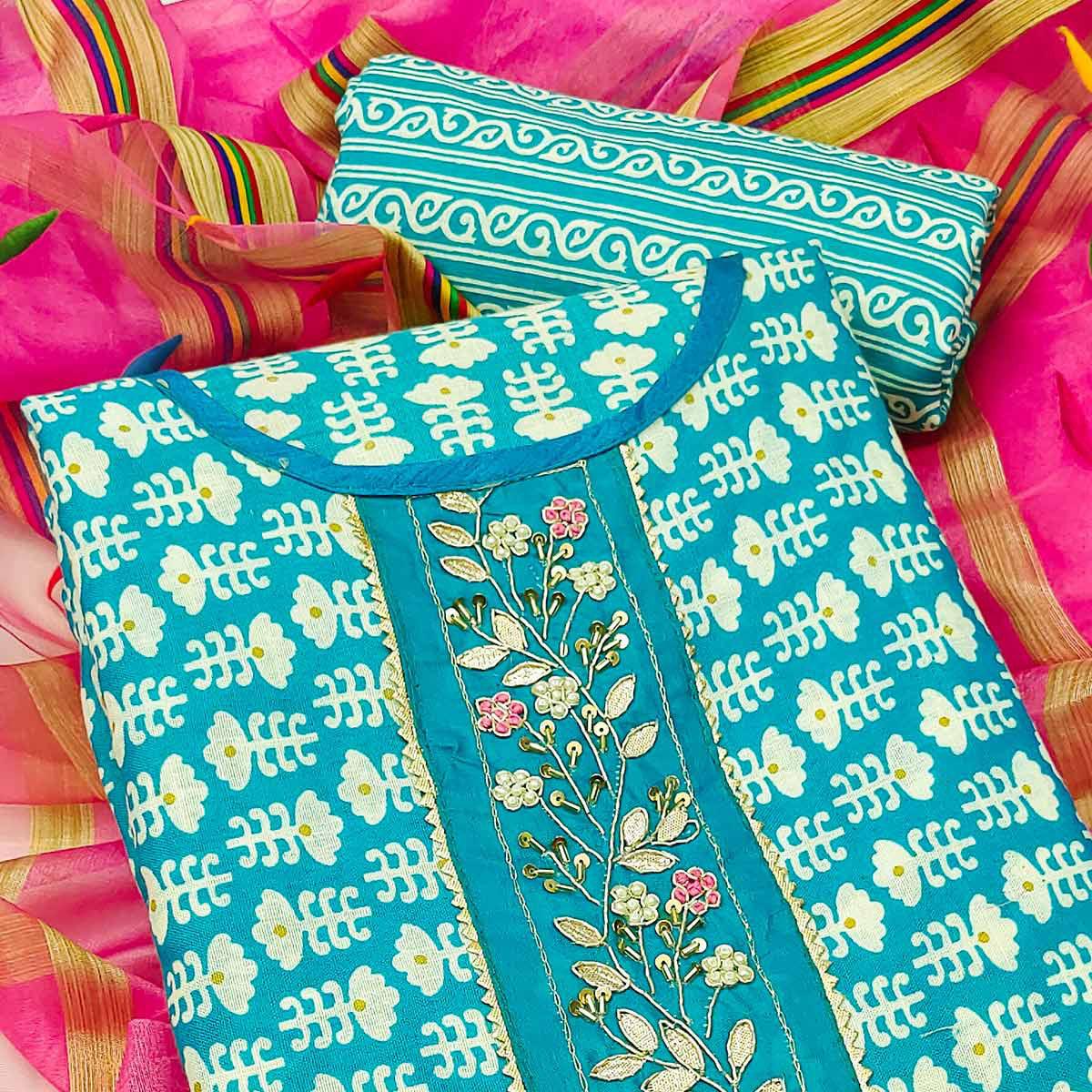 Blue Floral Printed With Embellished Poly Cotton Dress Material - Peachmode