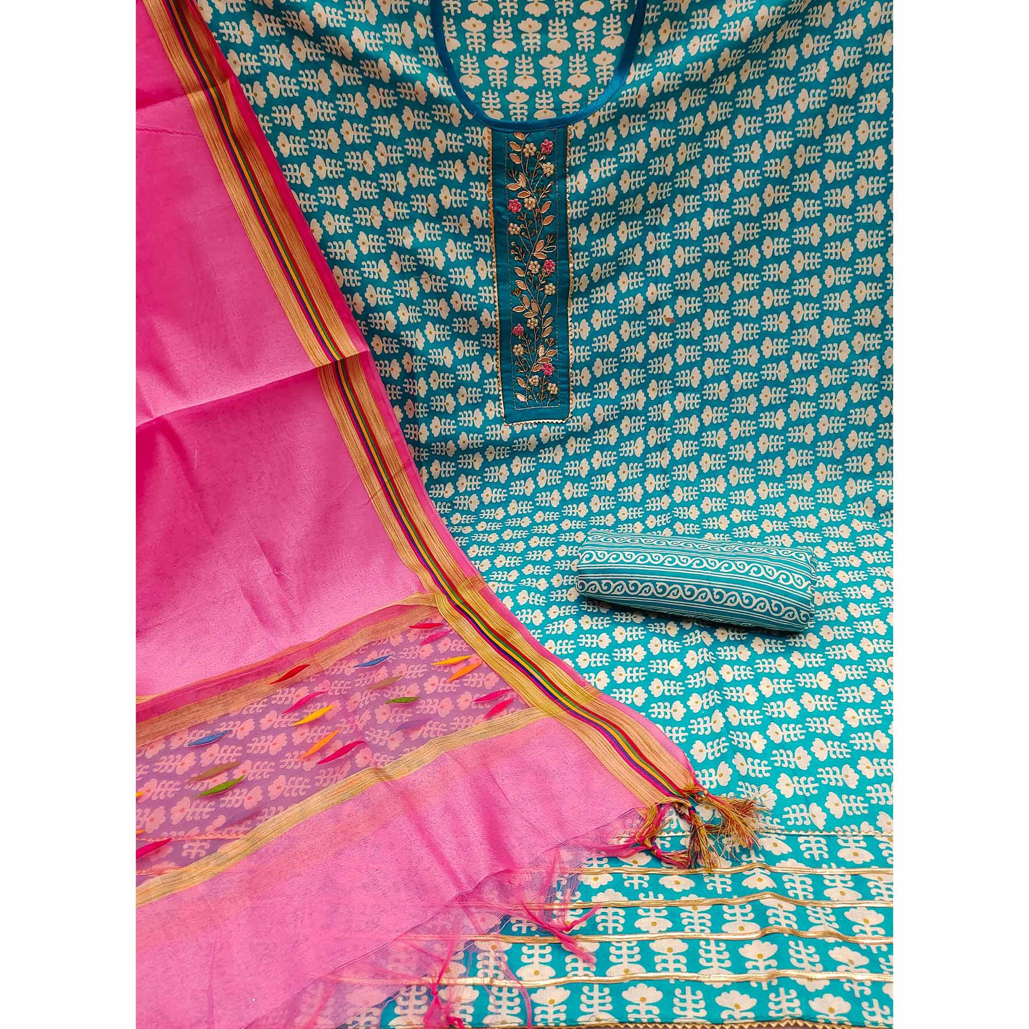 Blue Floral Printed With Embellished Poly Cotton Dress Material - Peachmode