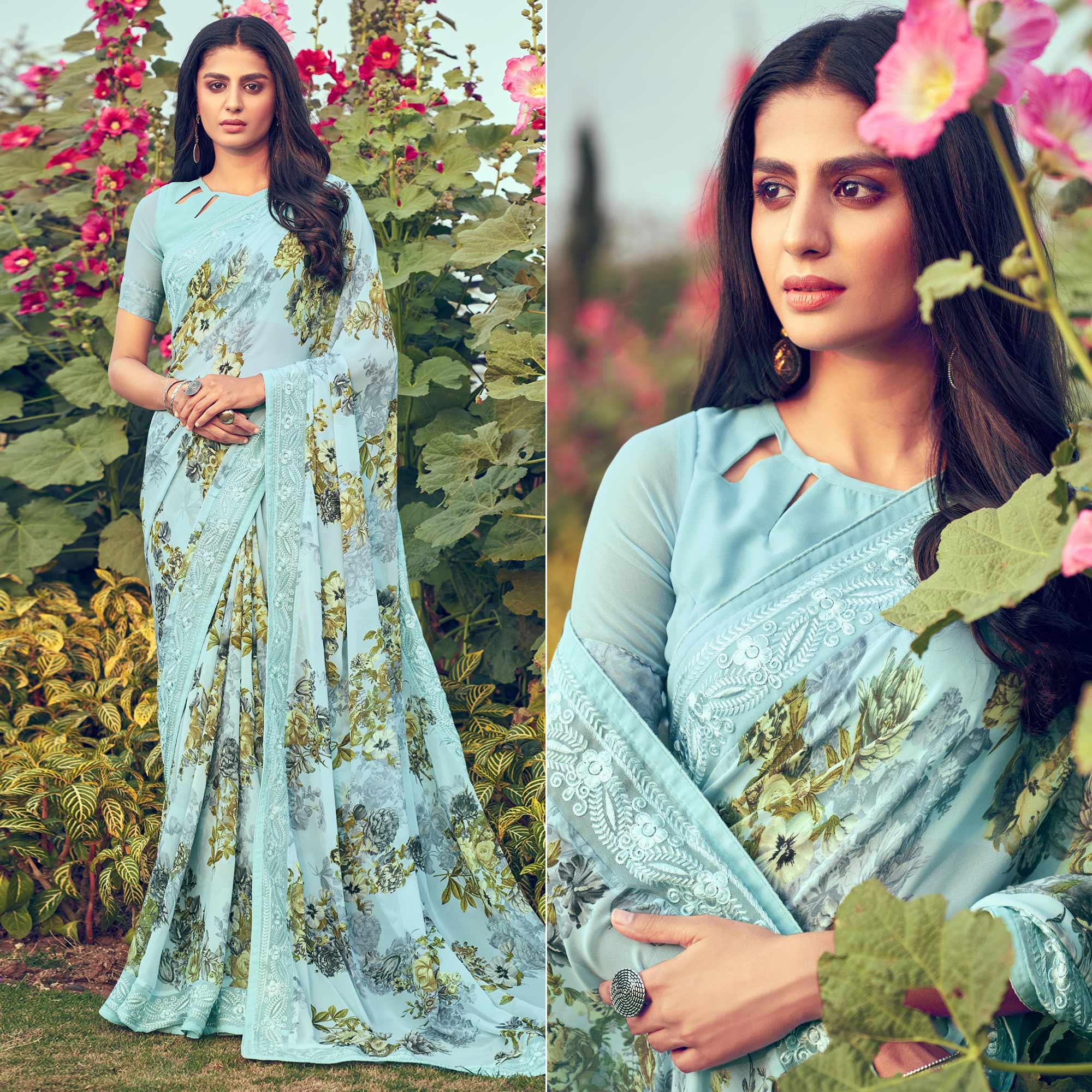 Blue Floral Printed With Embroidered Border Georgette Saree - Peachmode
