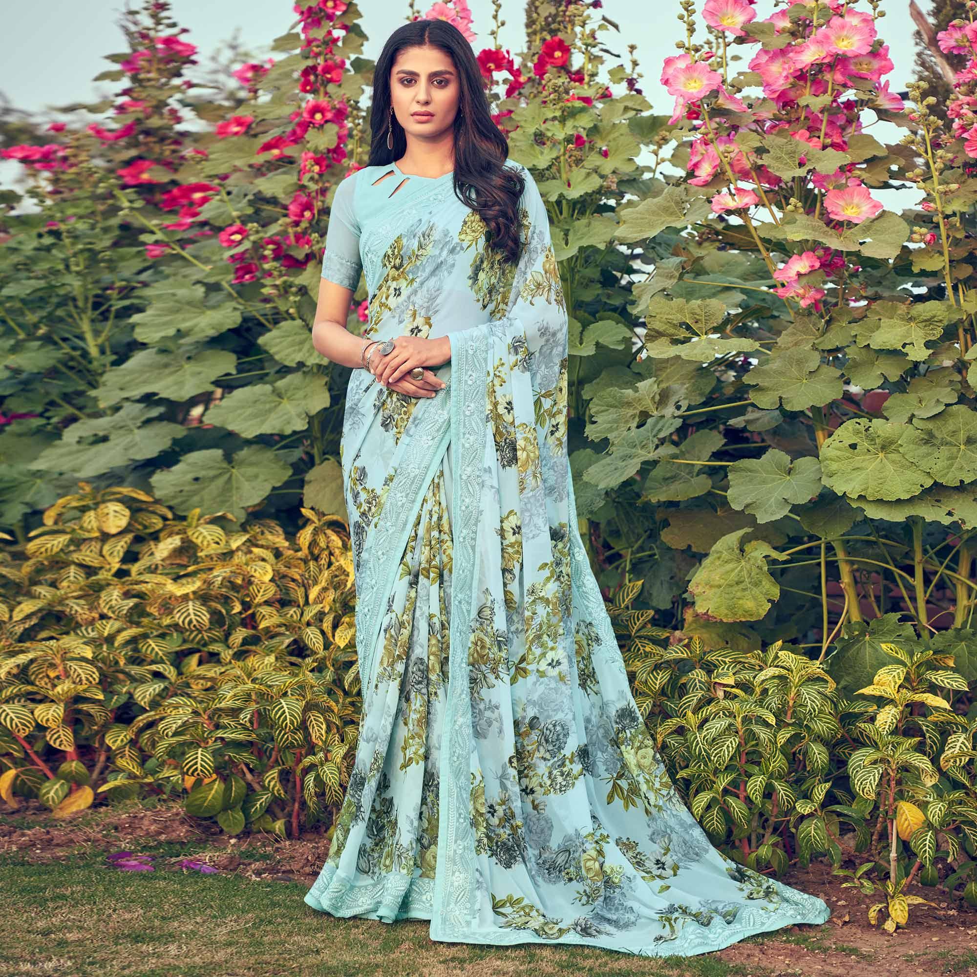 Blue Floral Printed With Embroidered Border Georgette Saree - Peachmode