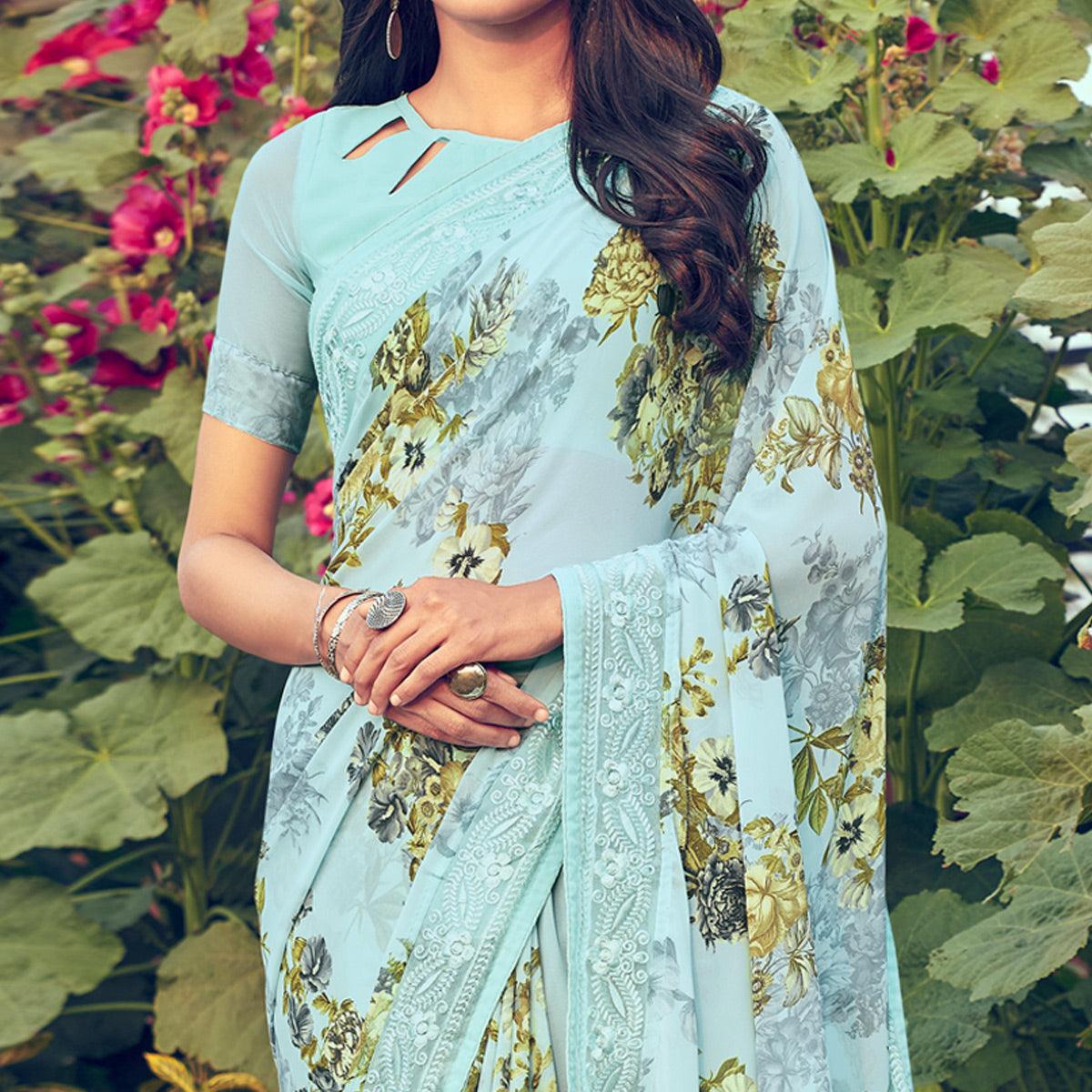 Blue Floral Printed With Embroidered Border Georgette Saree - Peachmode