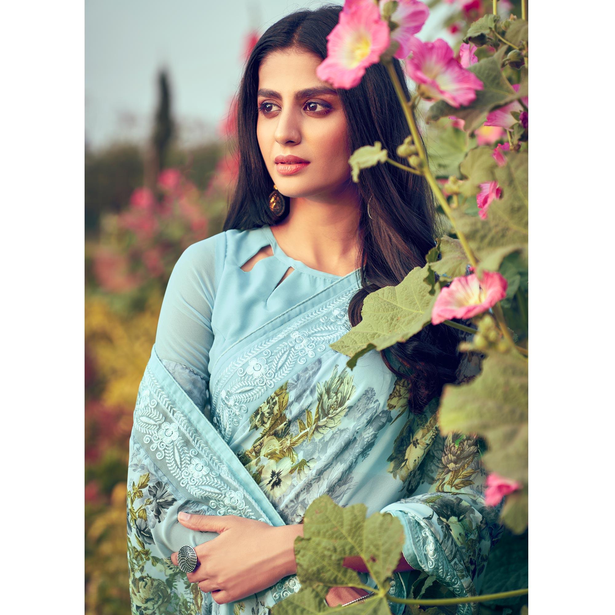 Blue Floral Printed With Embroidered Border Georgette Saree - Peachmode