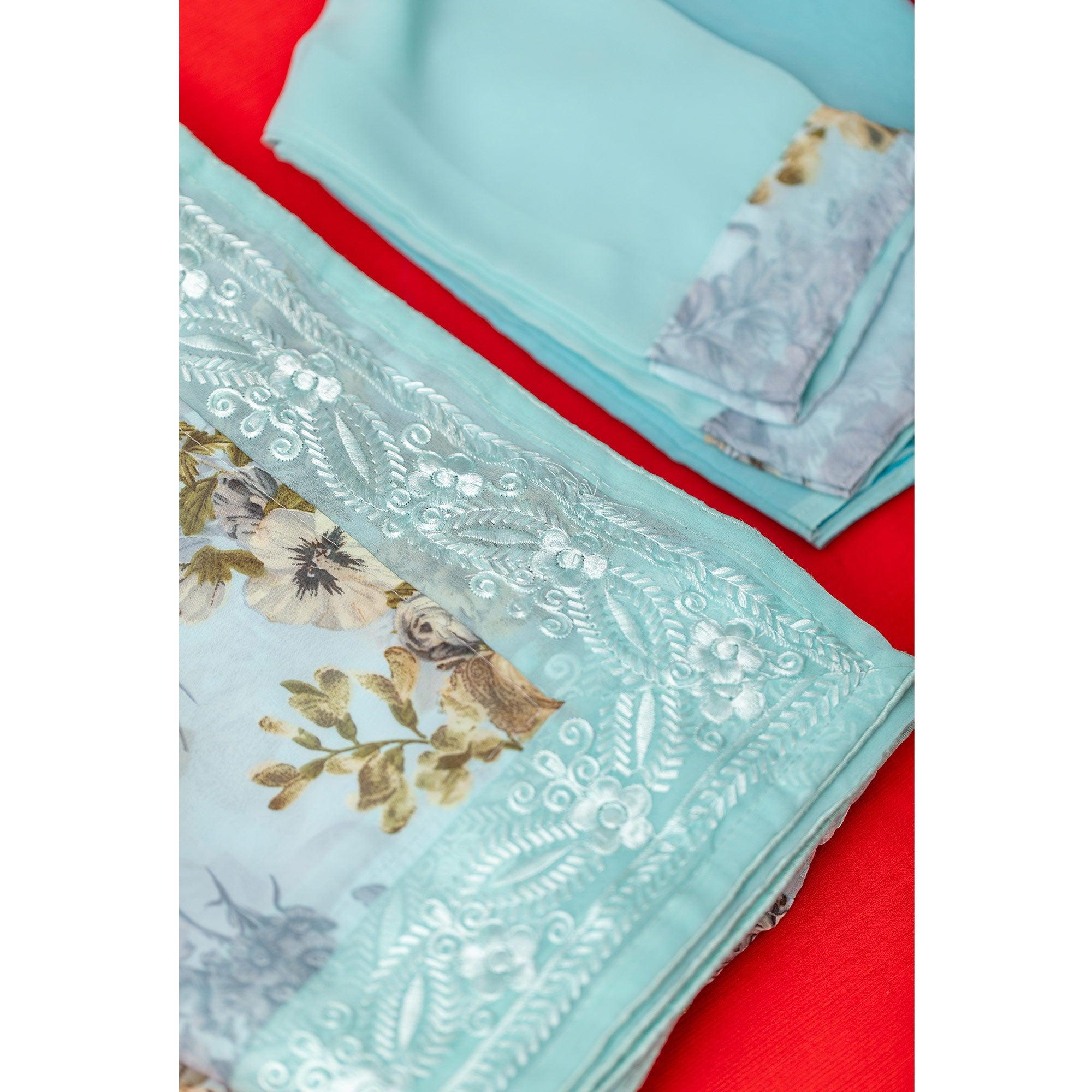 Blue Floral Printed With Embroidered Border Georgette Saree - Peachmode