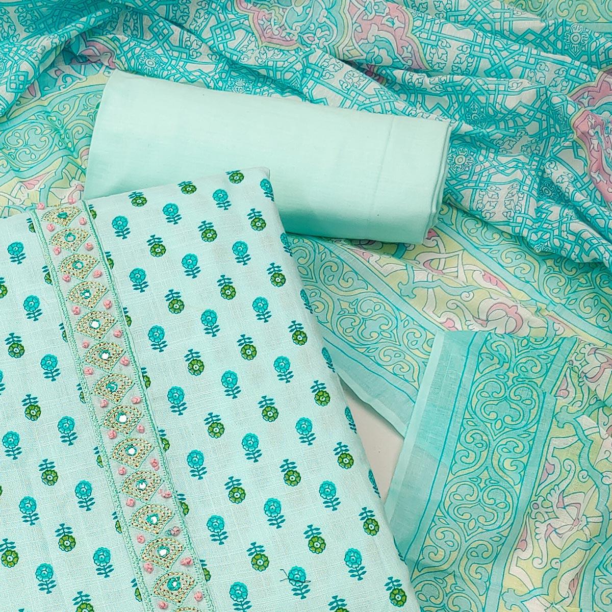 Blue Floral Printed With Embroidered Poly Cotton Dress Material - Peachmode