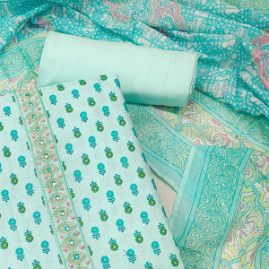 Blue Floral Printed With Embroidered Poly Cotton Dress Material - Peachmode