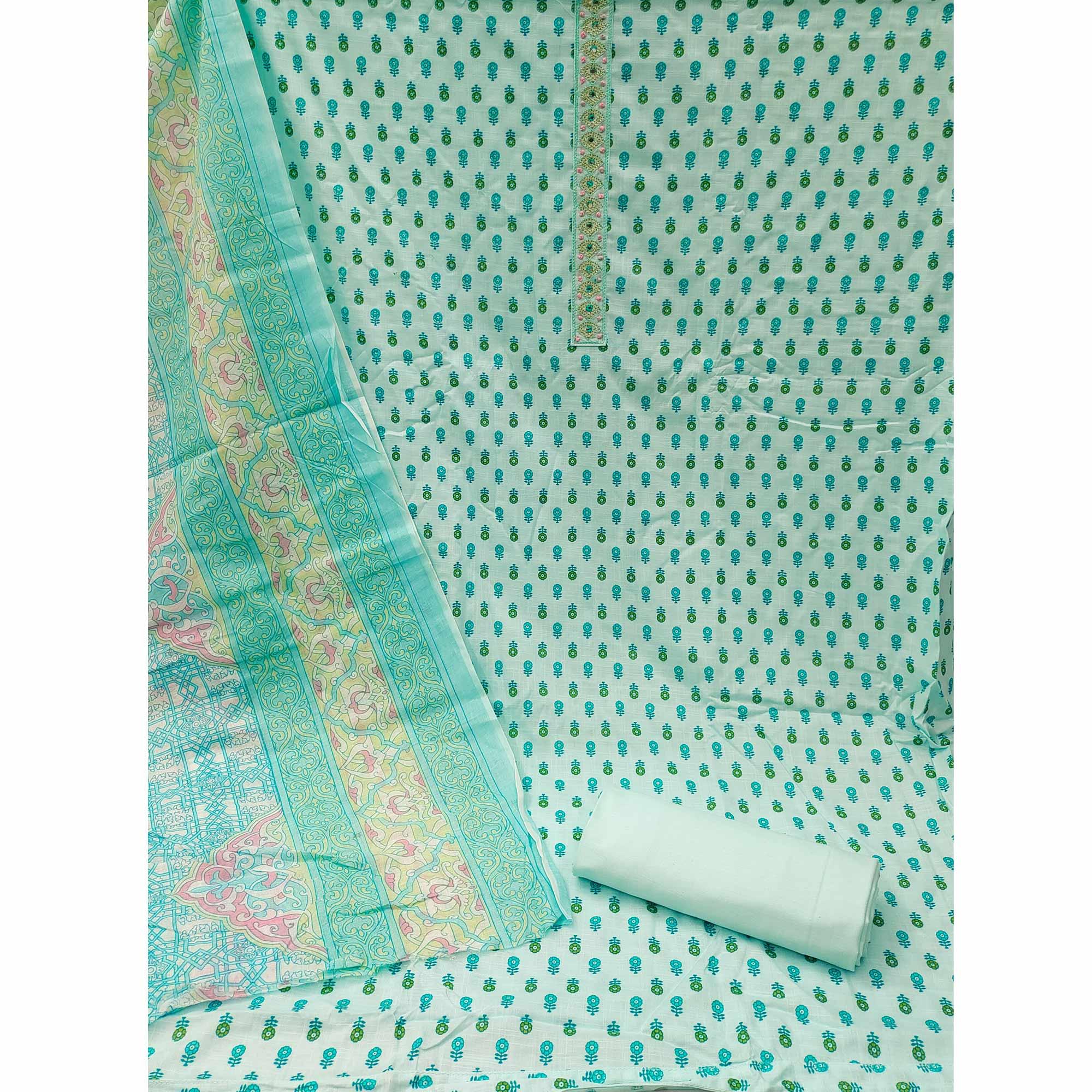 Blue Floral Printed With Embroidered Poly Cotton Dress Material - Peachmode