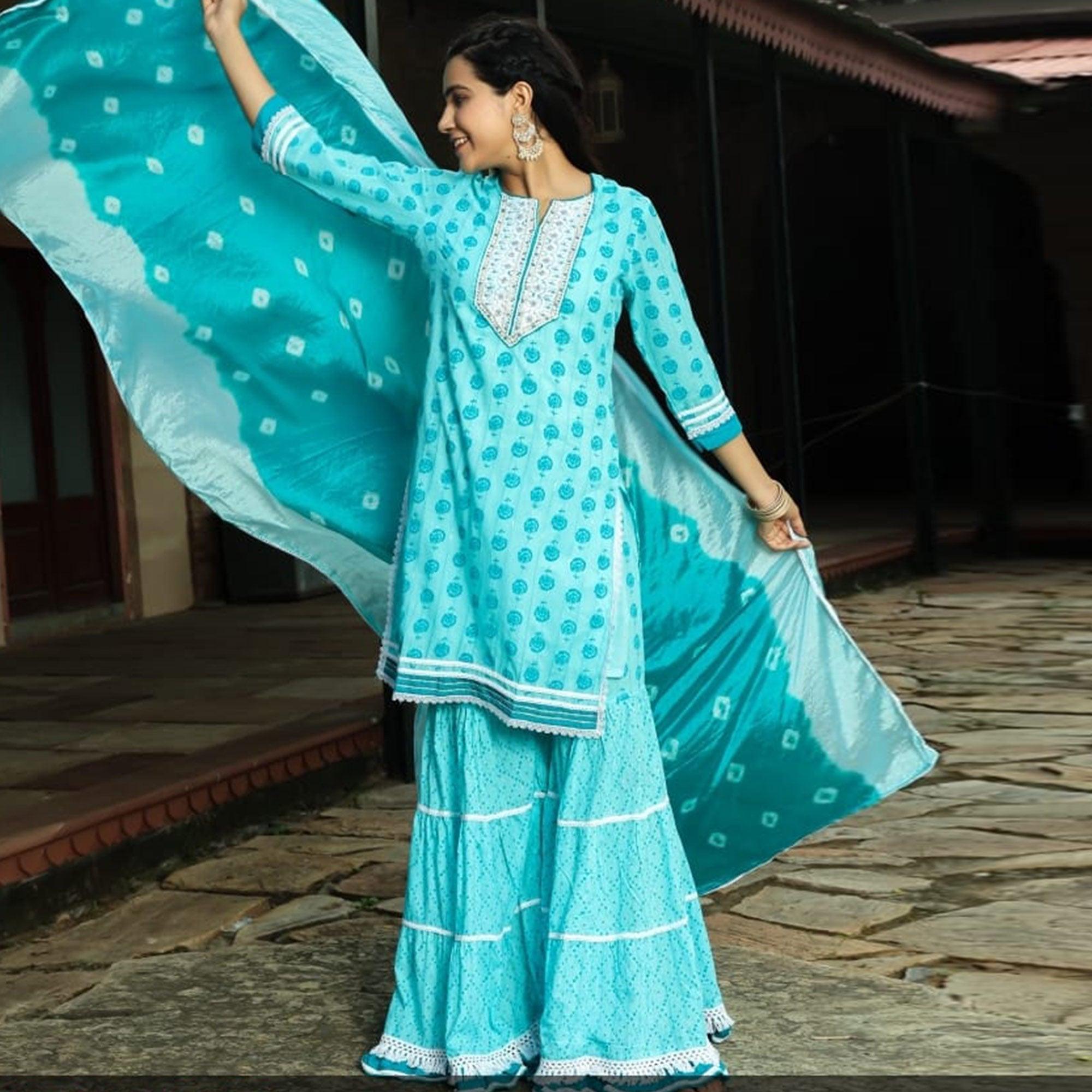 Blue Floral Printed With Embroidered Pure Cotton Sharara Suit - Peachmode
