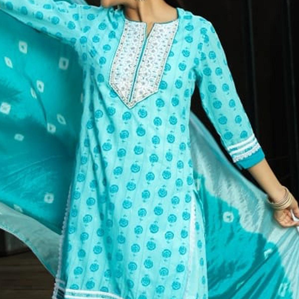 Blue Floral Printed With Embroidered Pure Cotton Sharara Suit - Peachmode