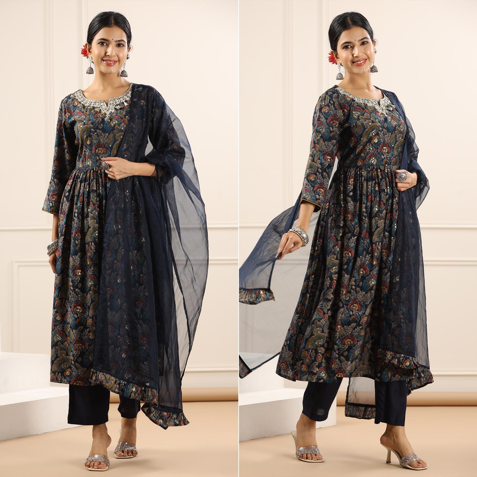 Blue Floral Printed With Sequence Work Muslin Anarkali Suit - Peachmode