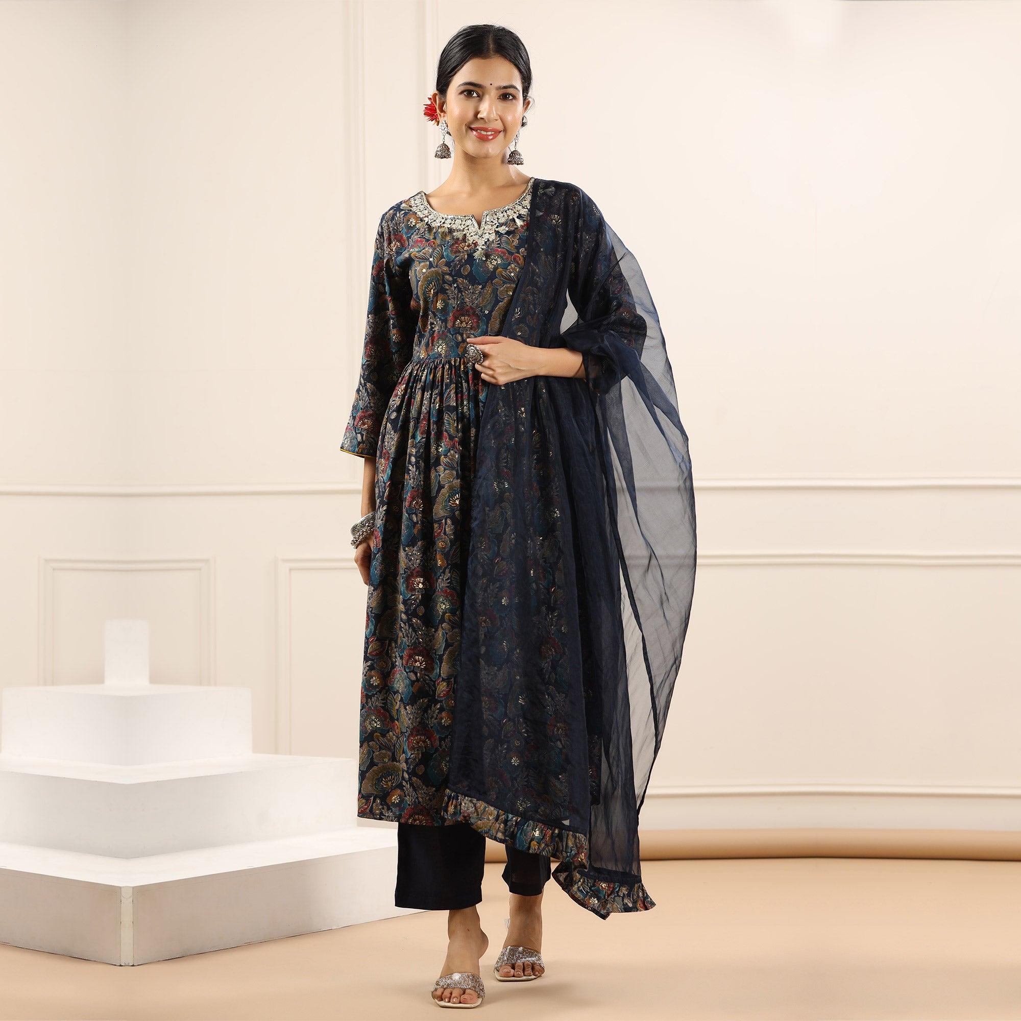 Blue Floral Printed With Sequence Work Muslin Anarkali Suit - Peachmode