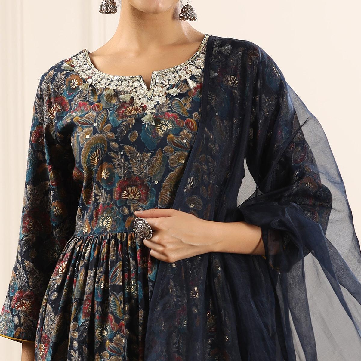 Blue Floral Printed With Sequence Work Muslin Anarkali Suit - Peachmode