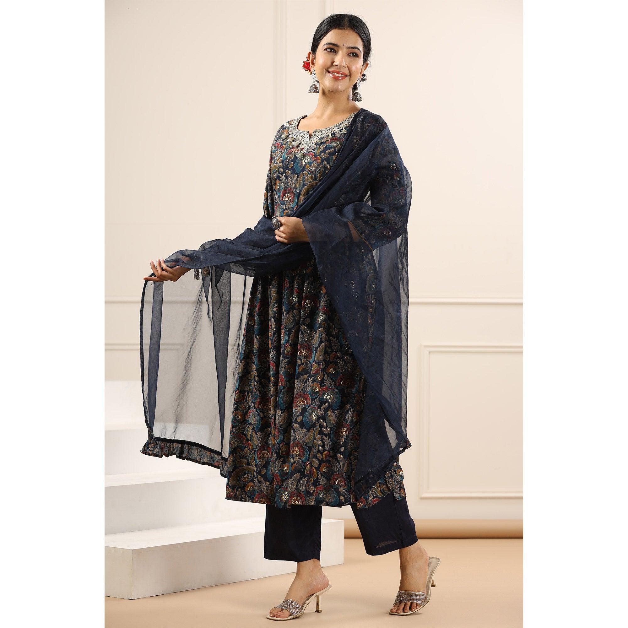 Blue Floral Printed With Sequence Work Muslin Anarkali Suit - Peachmode