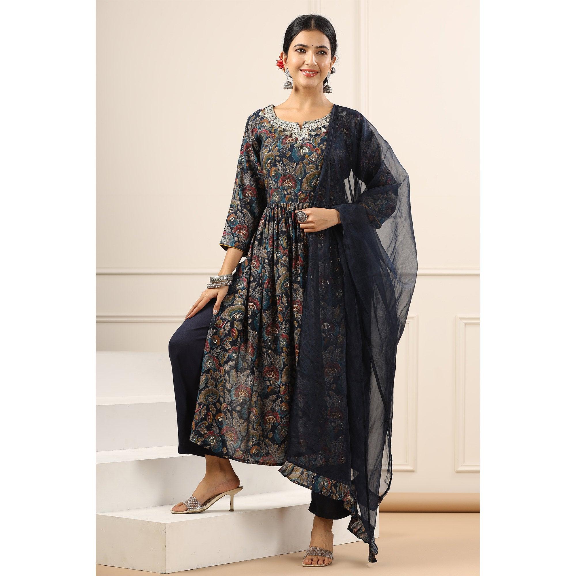 Blue Floral Printed With Sequence Work Muslin Anarkali Suit - Peachmode