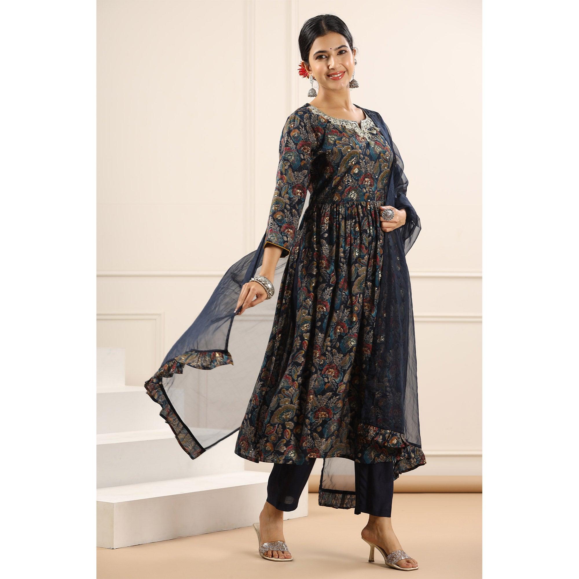 Blue Floral Printed With Sequence Work Muslin Anarkali Suit - Peachmode