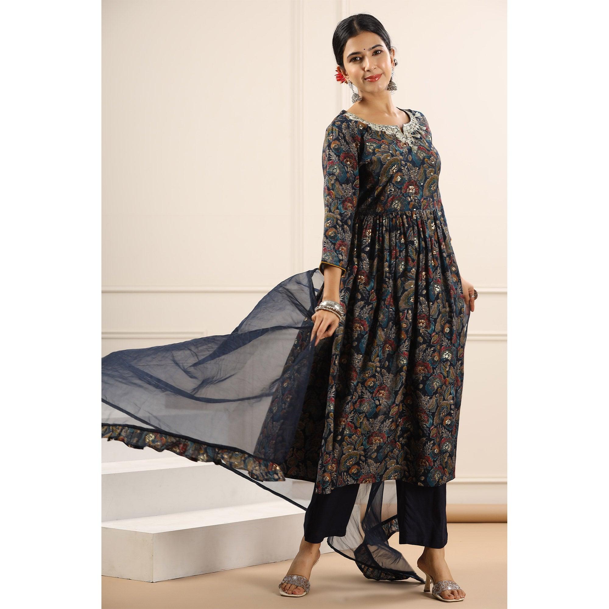 Blue Floral Printed With Sequence Work Muslin Anarkali Suit - Peachmode