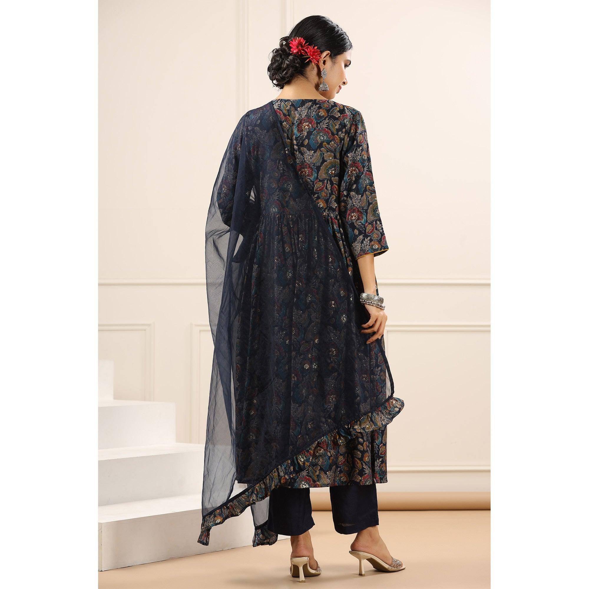 Blue Floral Printed With Sequence Work Muslin Anarkali Suit - Peachmode