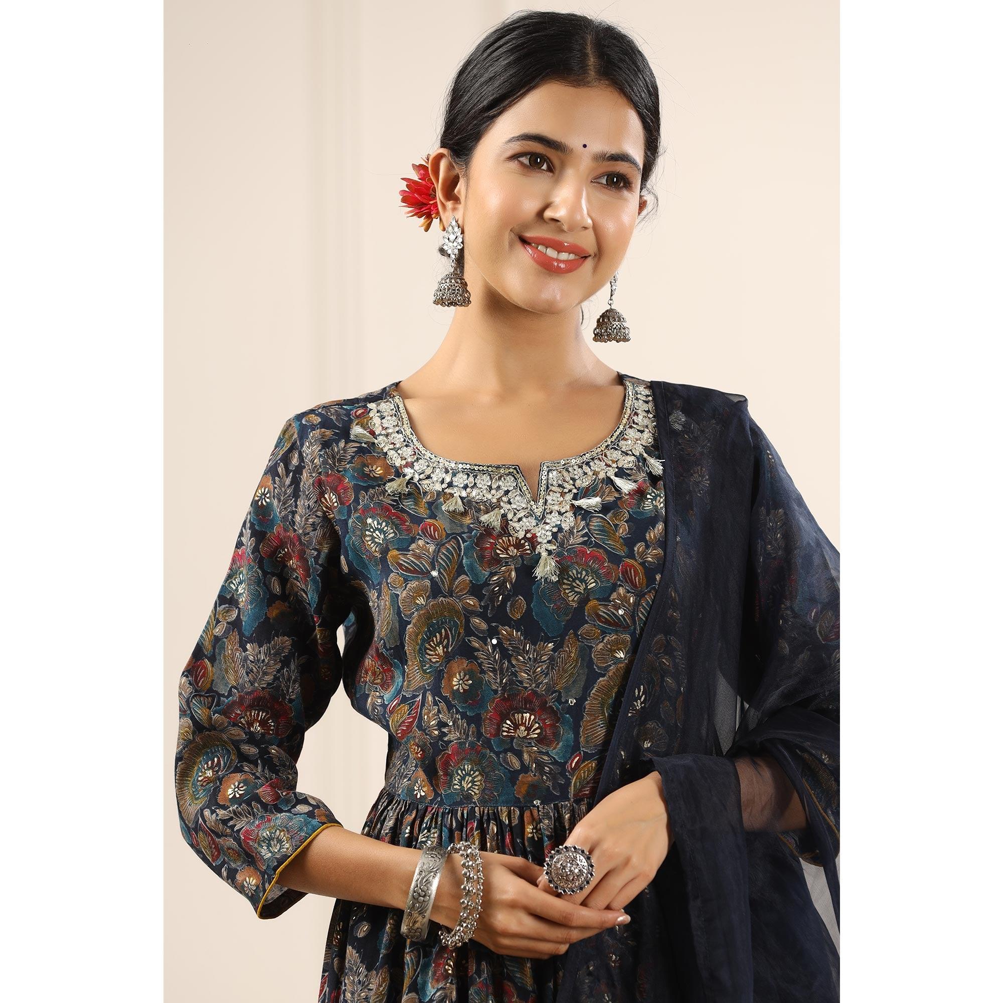 Blue Floral Printed With Sequence Work Muslin Anarkali Suit - Peachmode