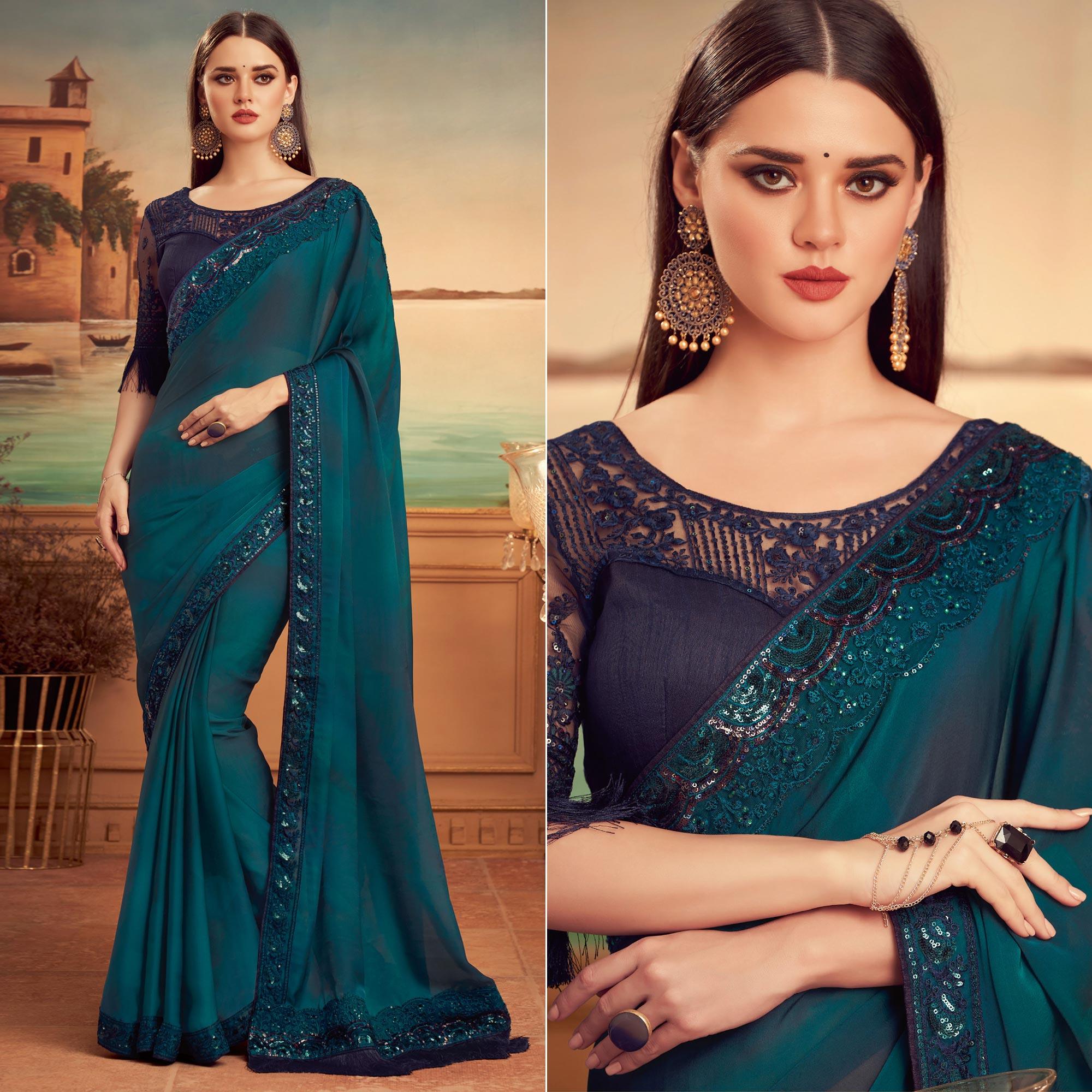 Blue Floral Sequence Embroidered Art Silk Saree - Peachmode