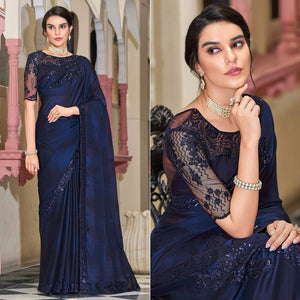 Blue Floral Sequence Embroidered Art Silk Saree - Peachmode