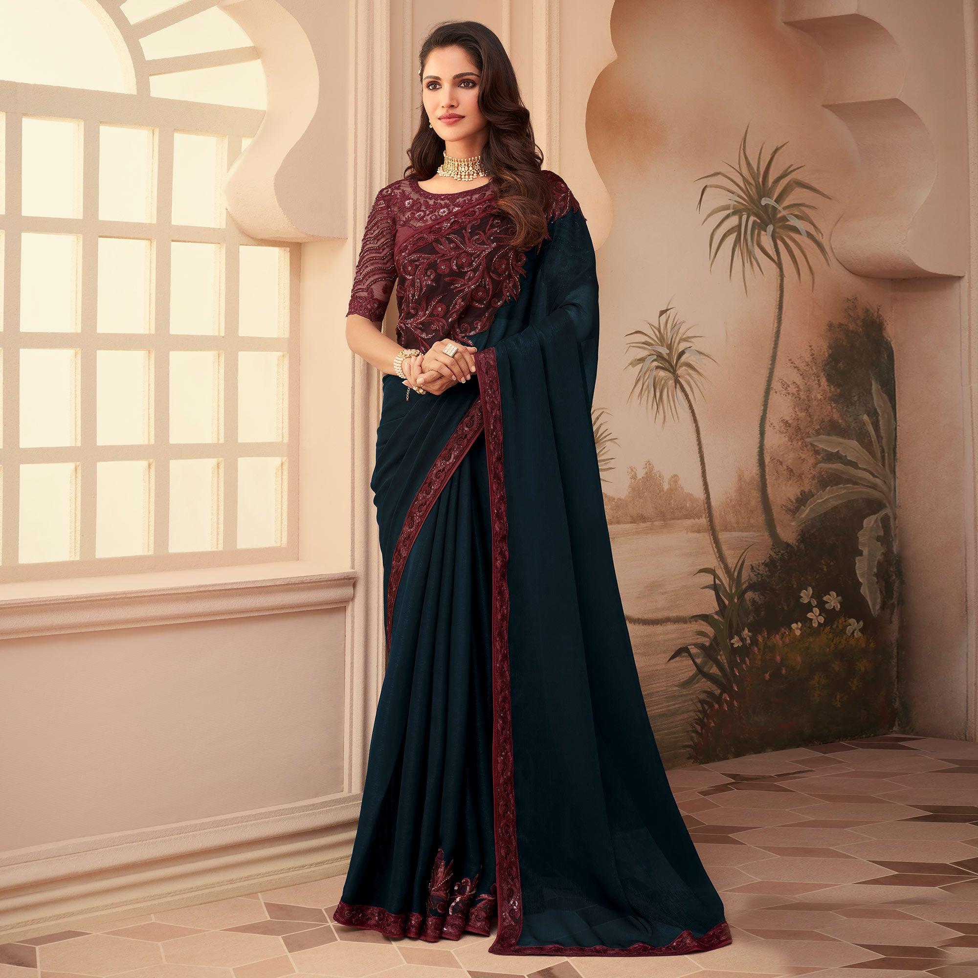 Blue Floral Sequence Embroidered Art Silk Saree - Peachmode