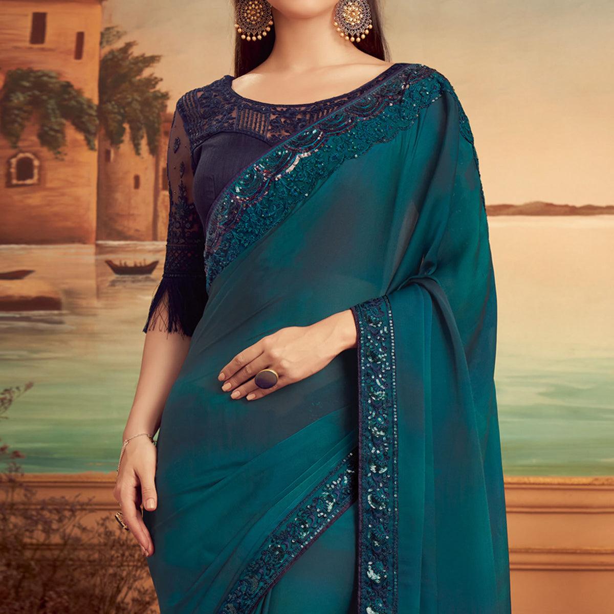 Blue Floral Sequence Embroidered Art Silk Saree - Peachmode