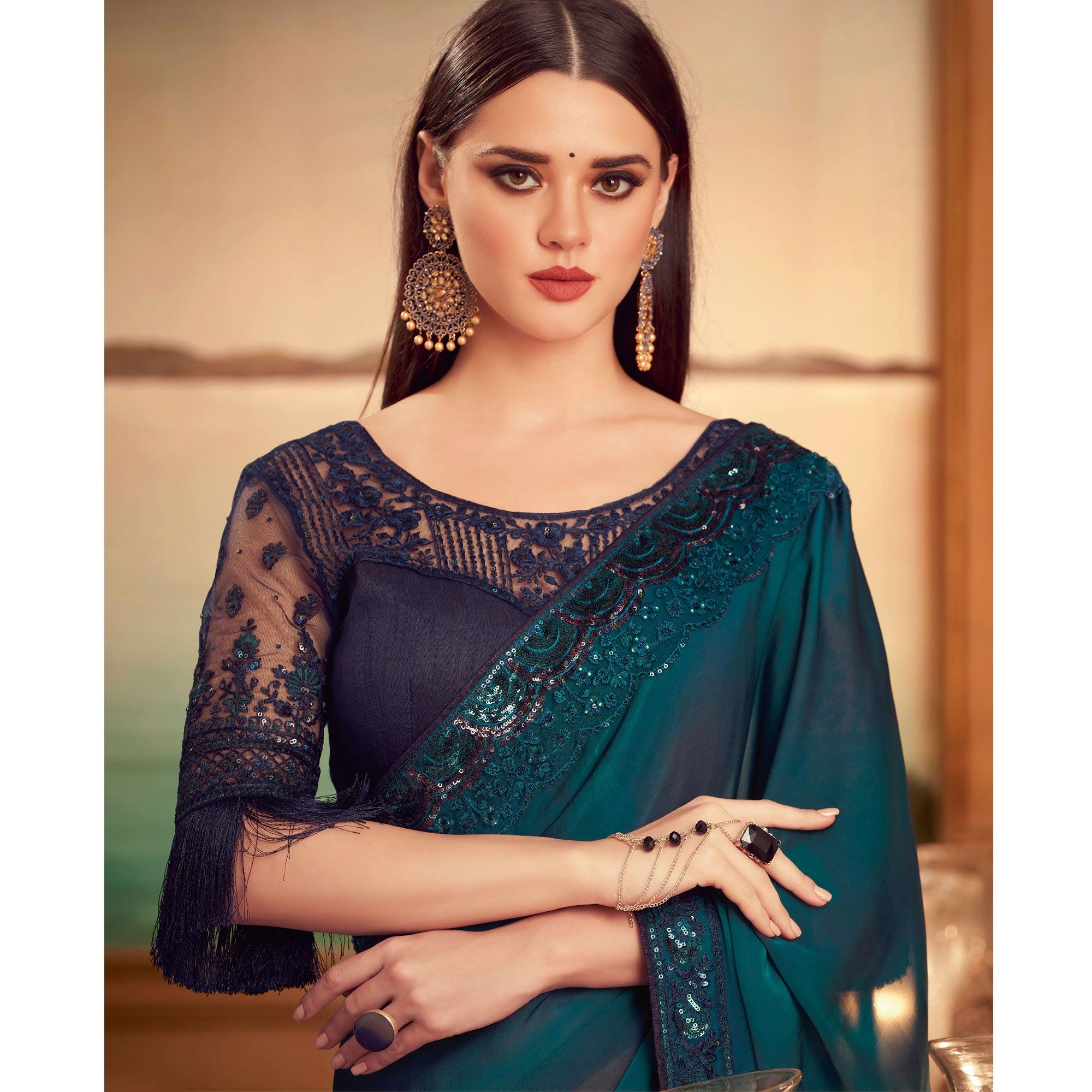 Blue Floral Sequence Embroidered Art Silk Saree - Peachmode