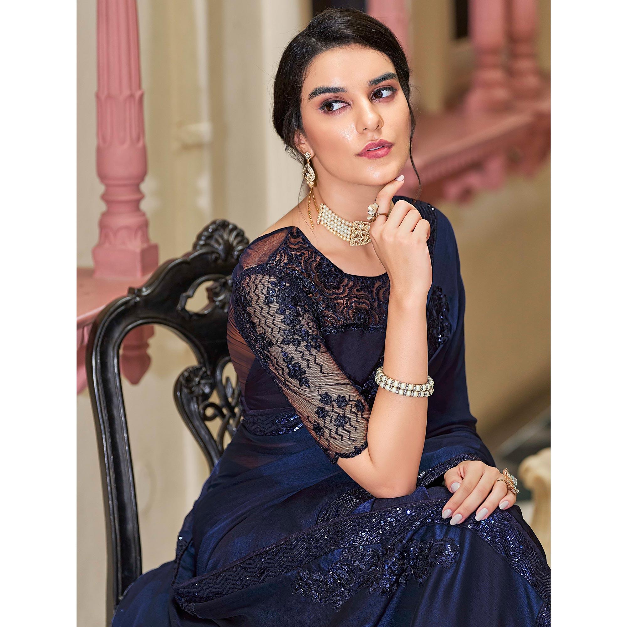 Blue Floral Sequence Embroidered Art Silk Saree - Peachmode
