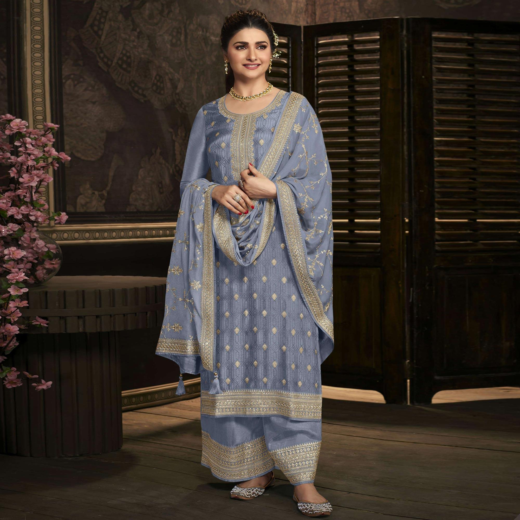 Blue Floral Sequence Embroidered Dola Silk Palazzo Suit - Peachmode