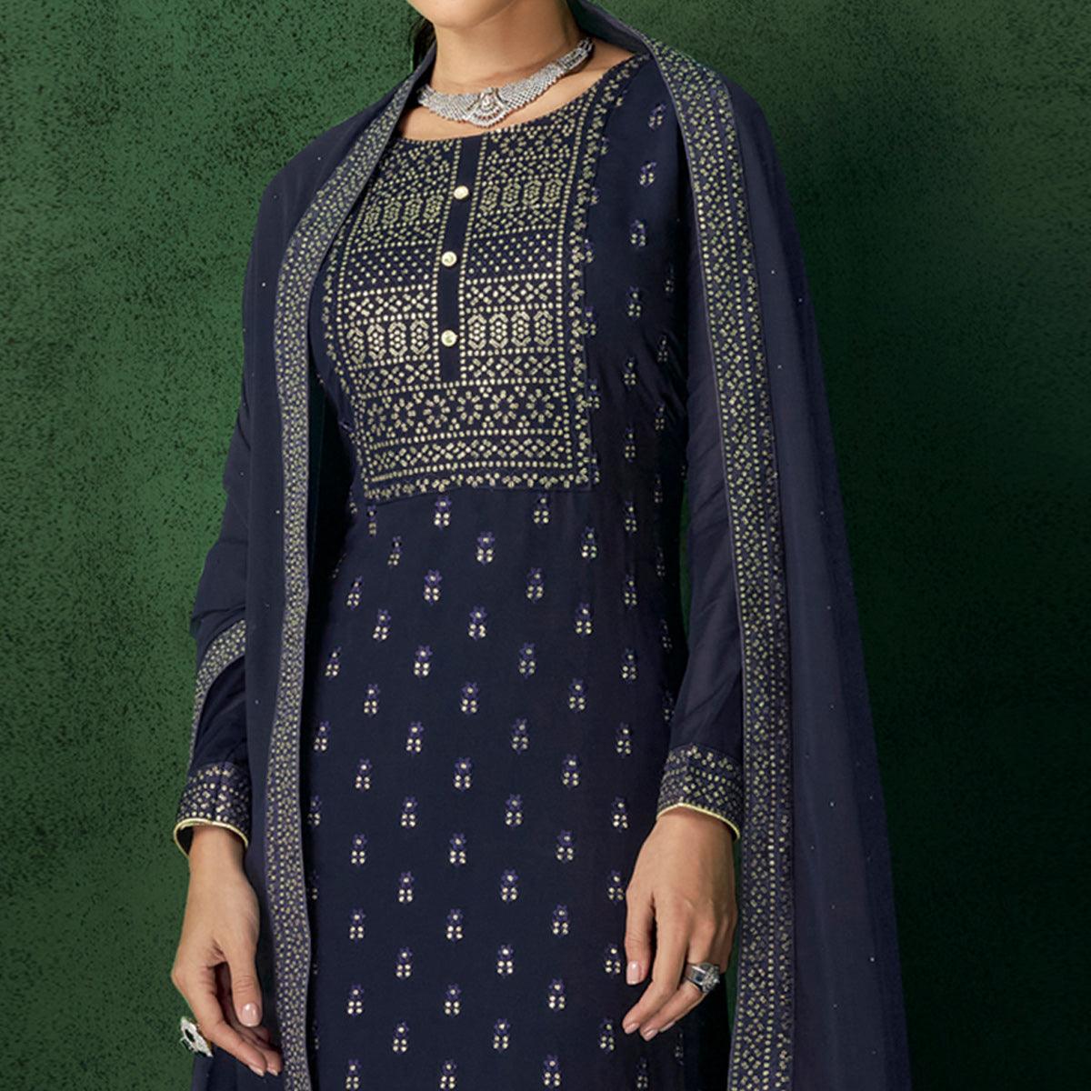 Blue Floral Sequence Embroidered Georgette Partywear Suit - Peachmode