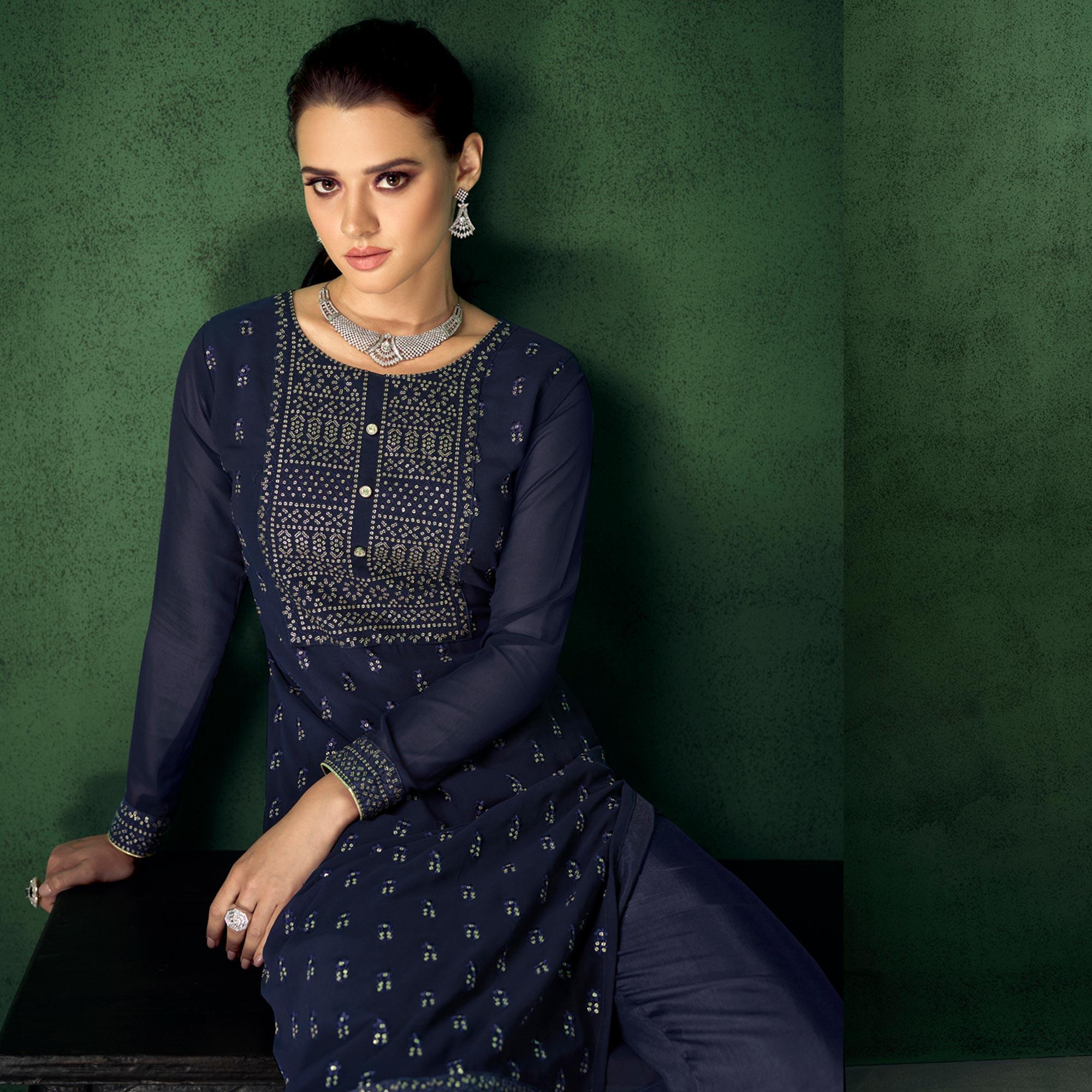 Blue Floral Sequence Embroidered Georgette Partywear Suit - Peachmode