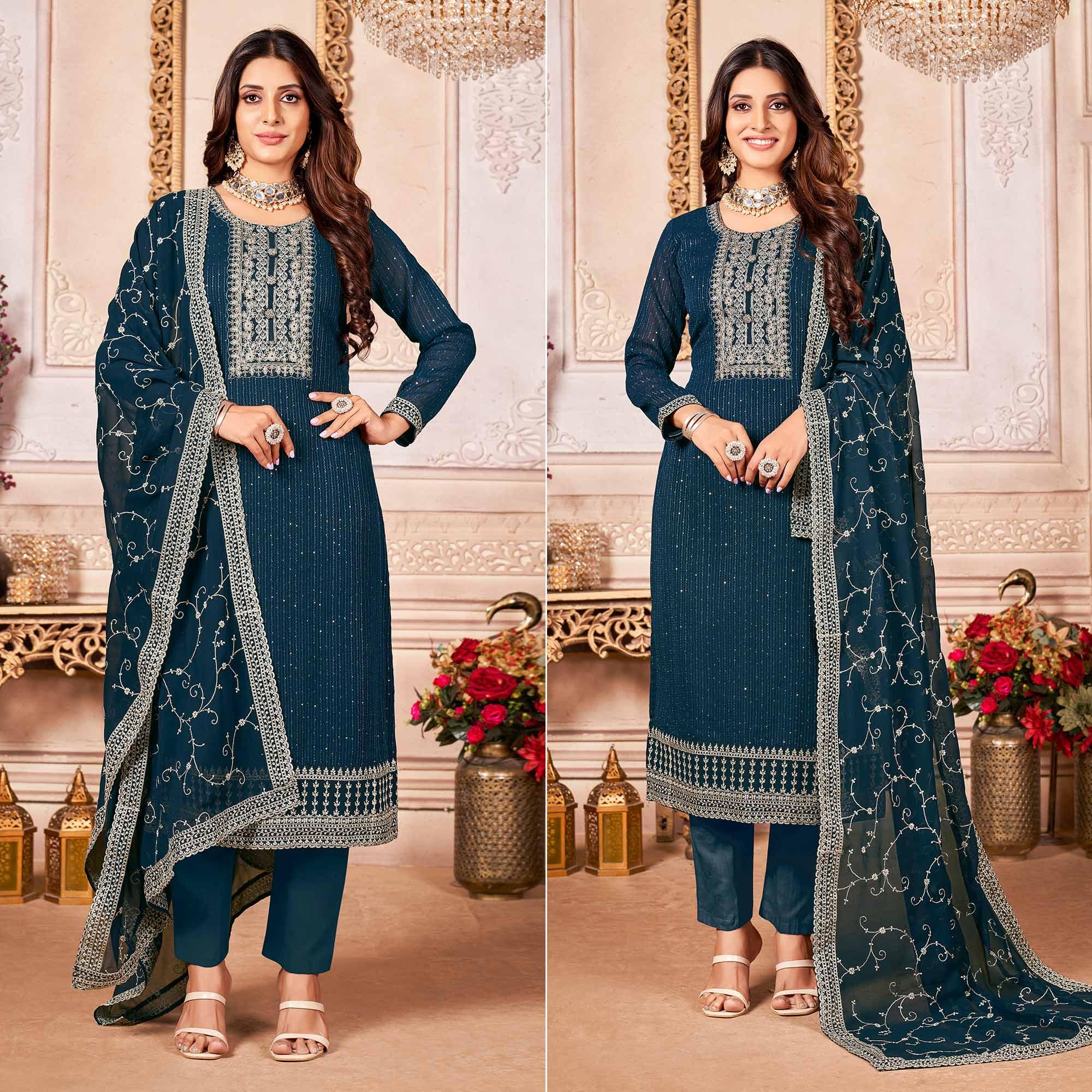 Blue Floral Sequence Embroidered Georgette Salwar Suit - Peachmode