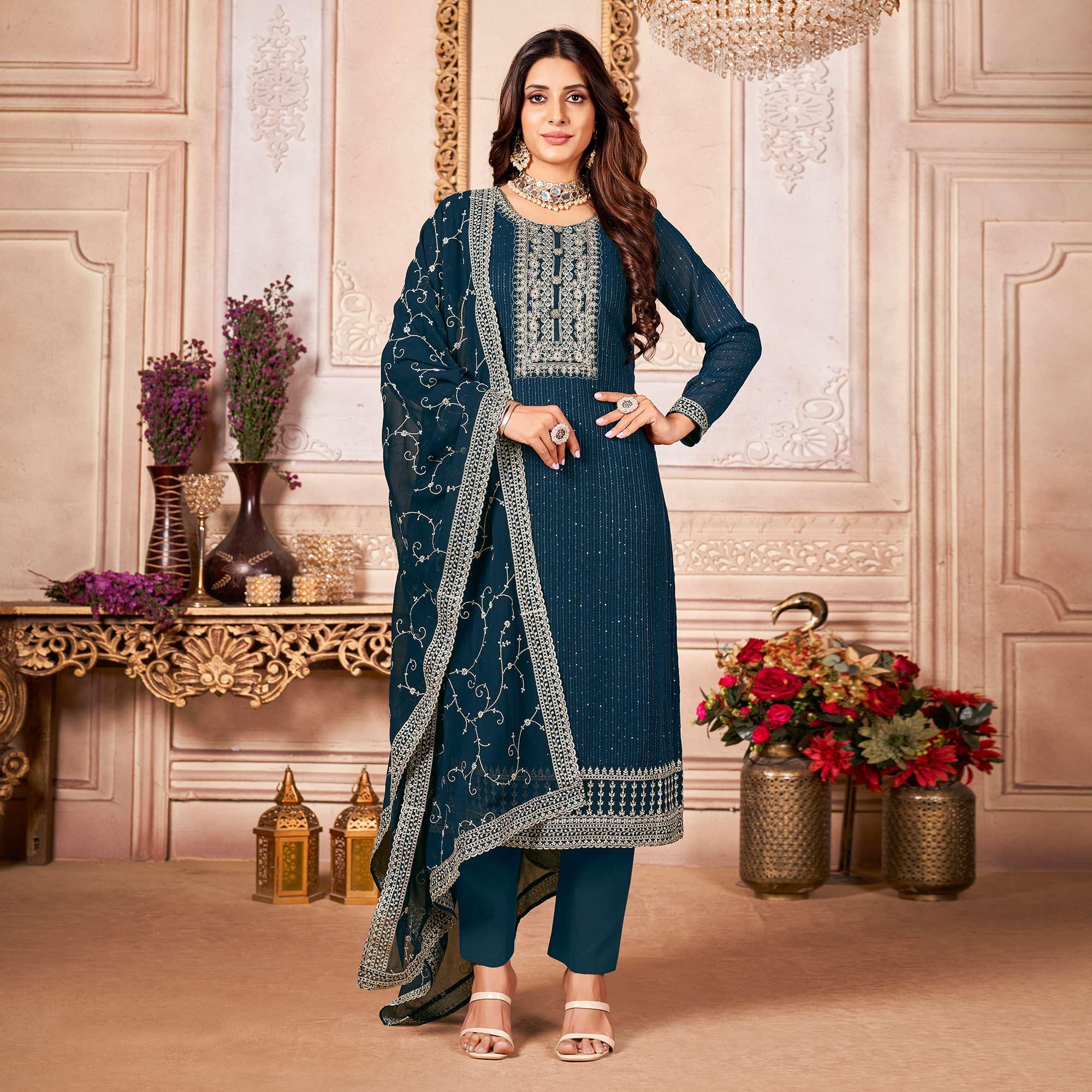 Blue Floral Sequence Embroidered Georgette Salwar Suit - Peachmode