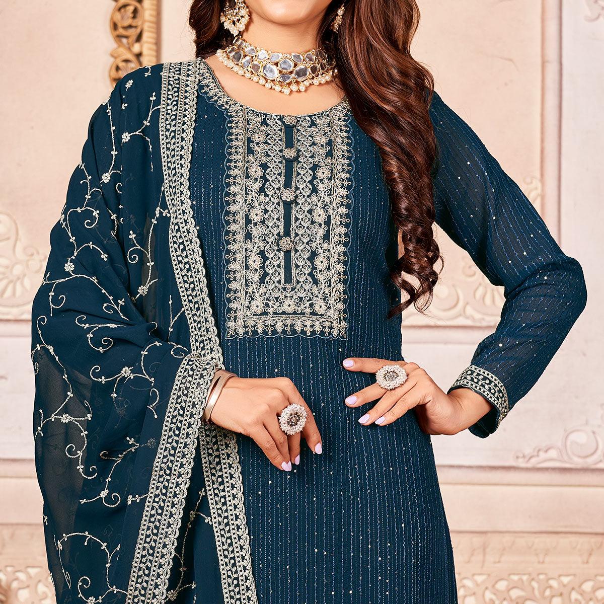 Blue Floral Sequence Embroidered Georgette Salwar Suit - Peachmode
