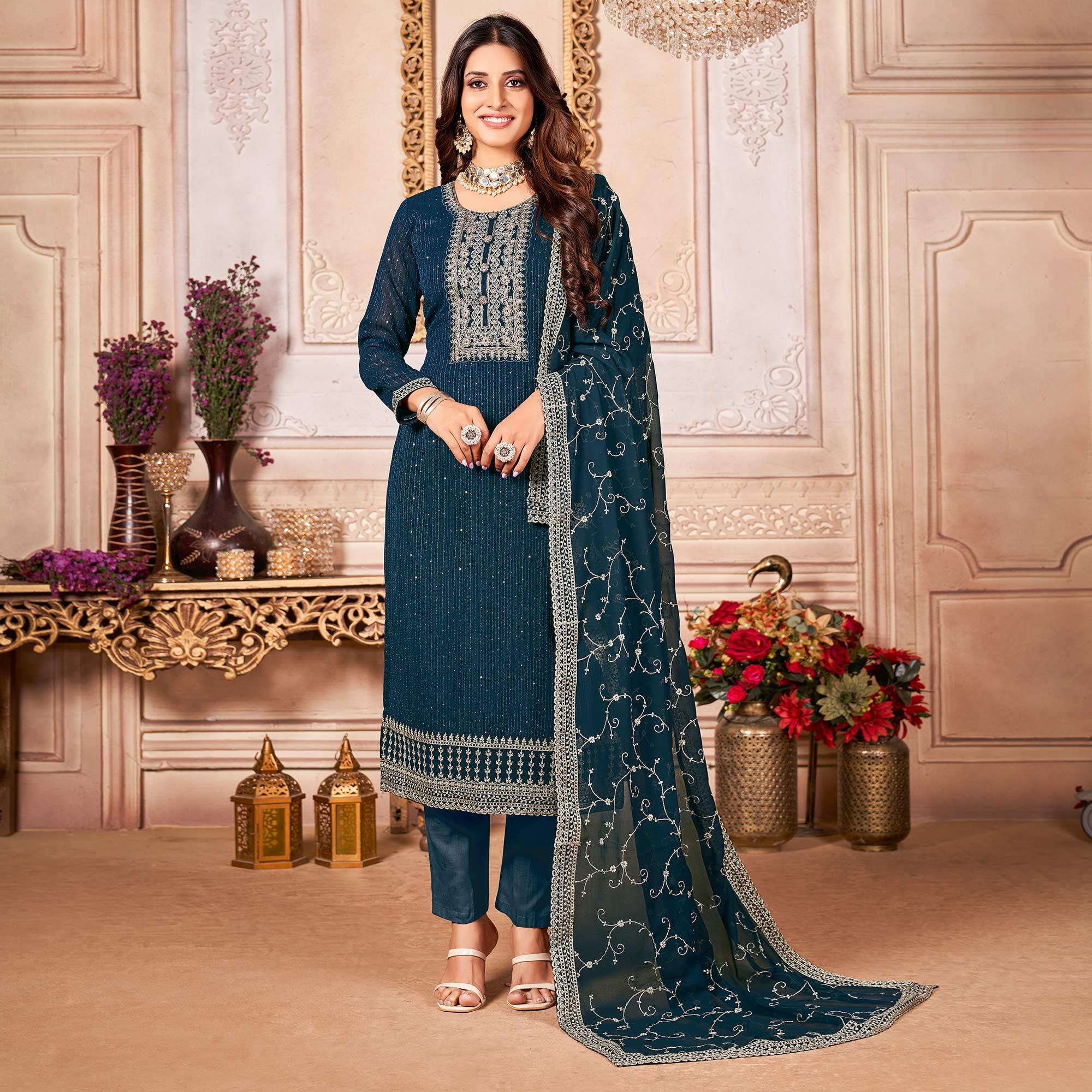 Blue Floral Sequence Embroidered Georgette Salwar Suit - Peachmode