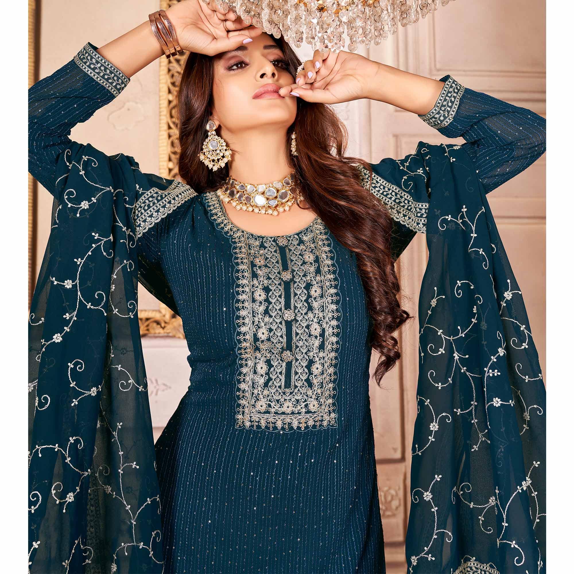 Blue Floral Sequence Embroidered Georgette Salwar Suit - Peachmode