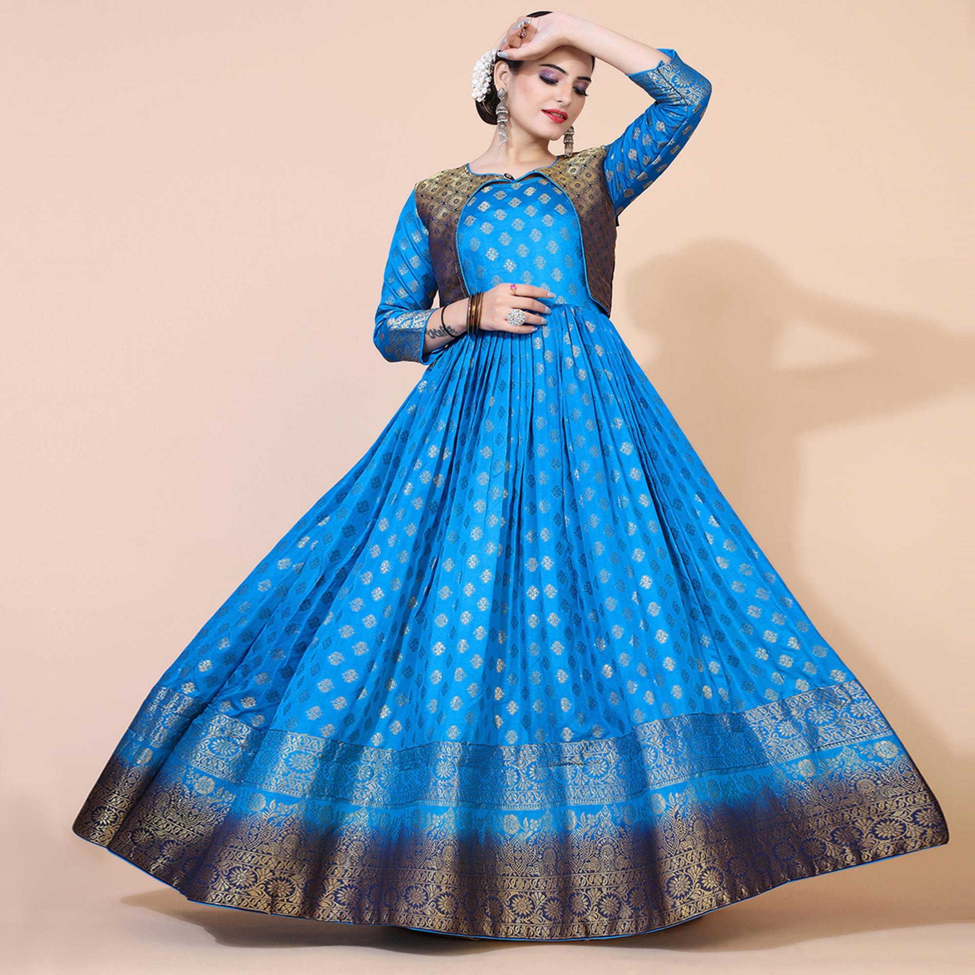 Blue Floral Woven Jacquard Anarkali Style Gown - Peachmode
