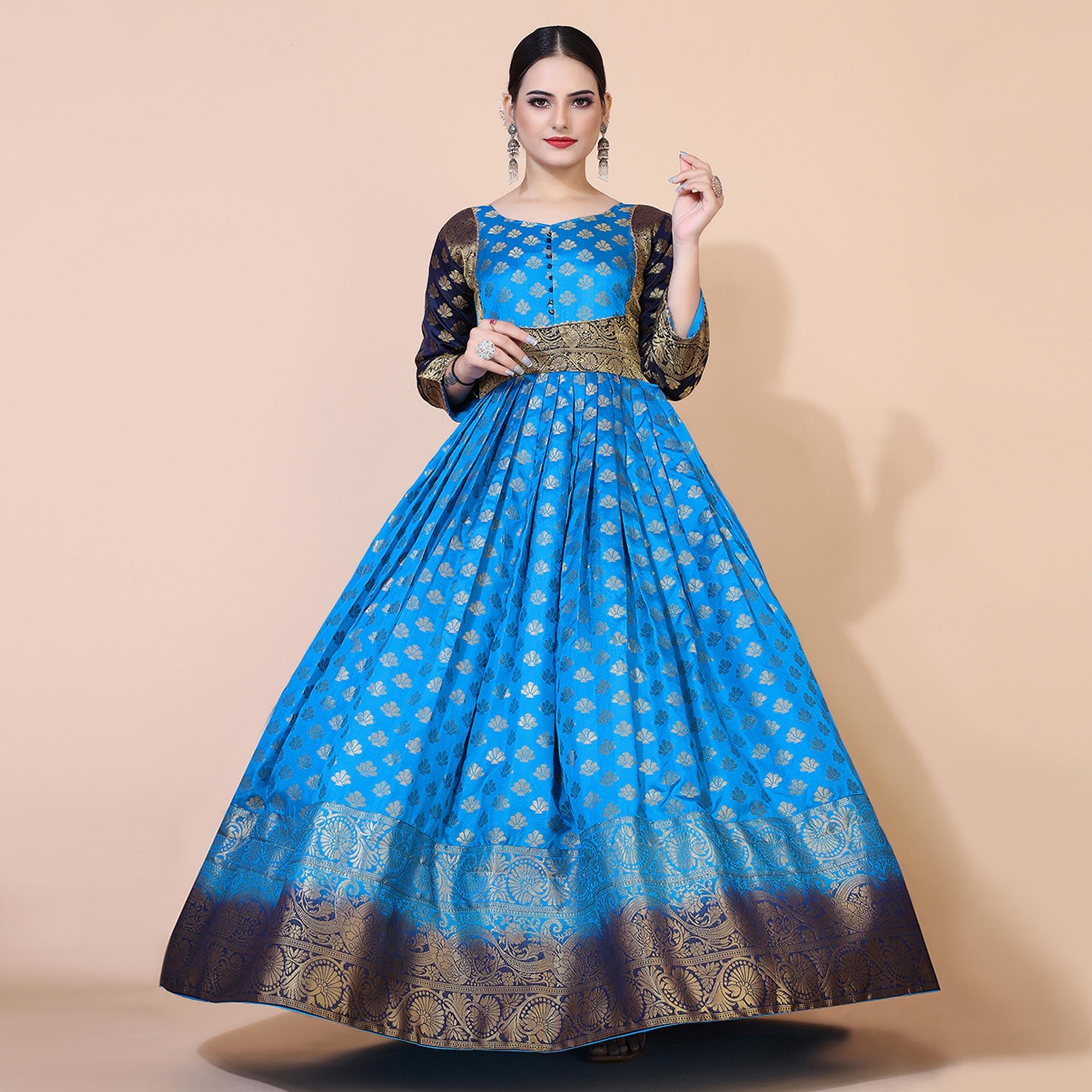 Blue Floral Woven Jacquard Anarkali Style Gown