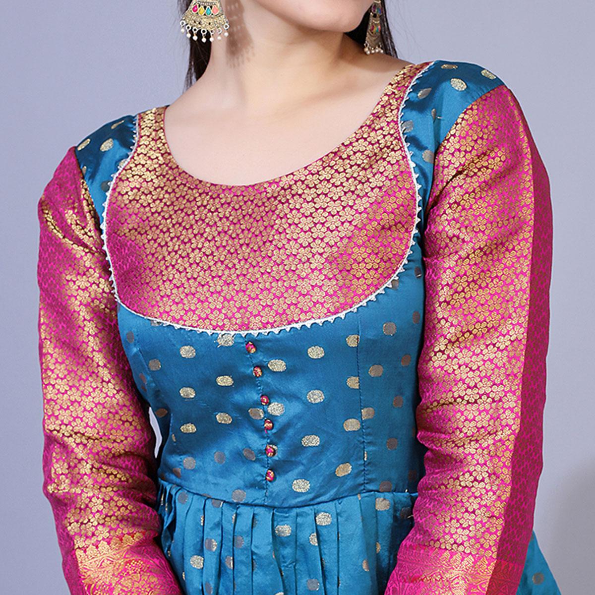 Blue Floral Woven Jacquard Anarkali Style Gown - Peachmode