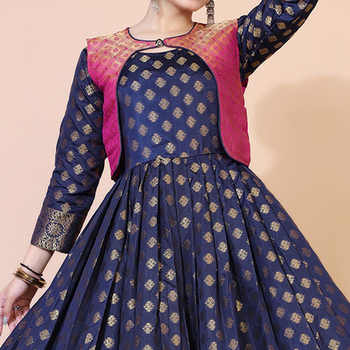 Blue Floral Woven Jacquard Anarkali Style Gown - Peachmode