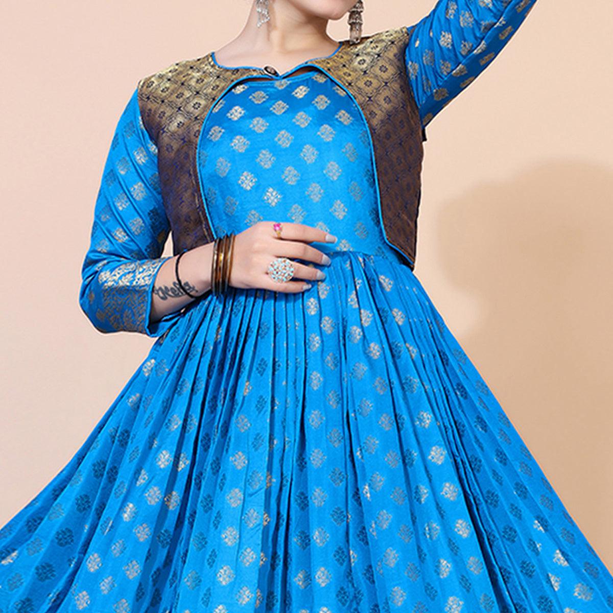 Blue Floral Woven Jacquard Anarkali Style Gown - Peachmode