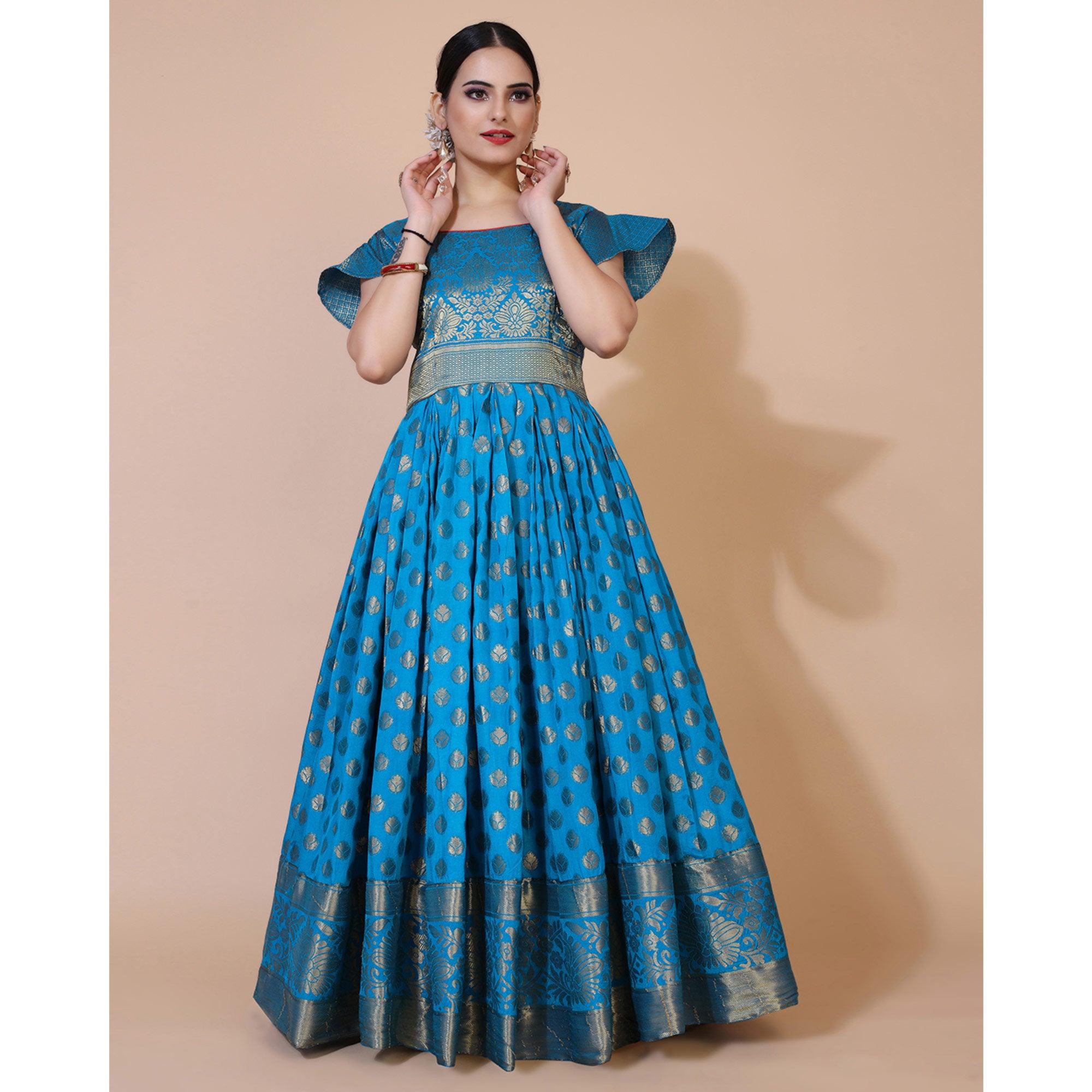 Blue Floral Woven Jacquard Anarkali Style Gown - Peachmode